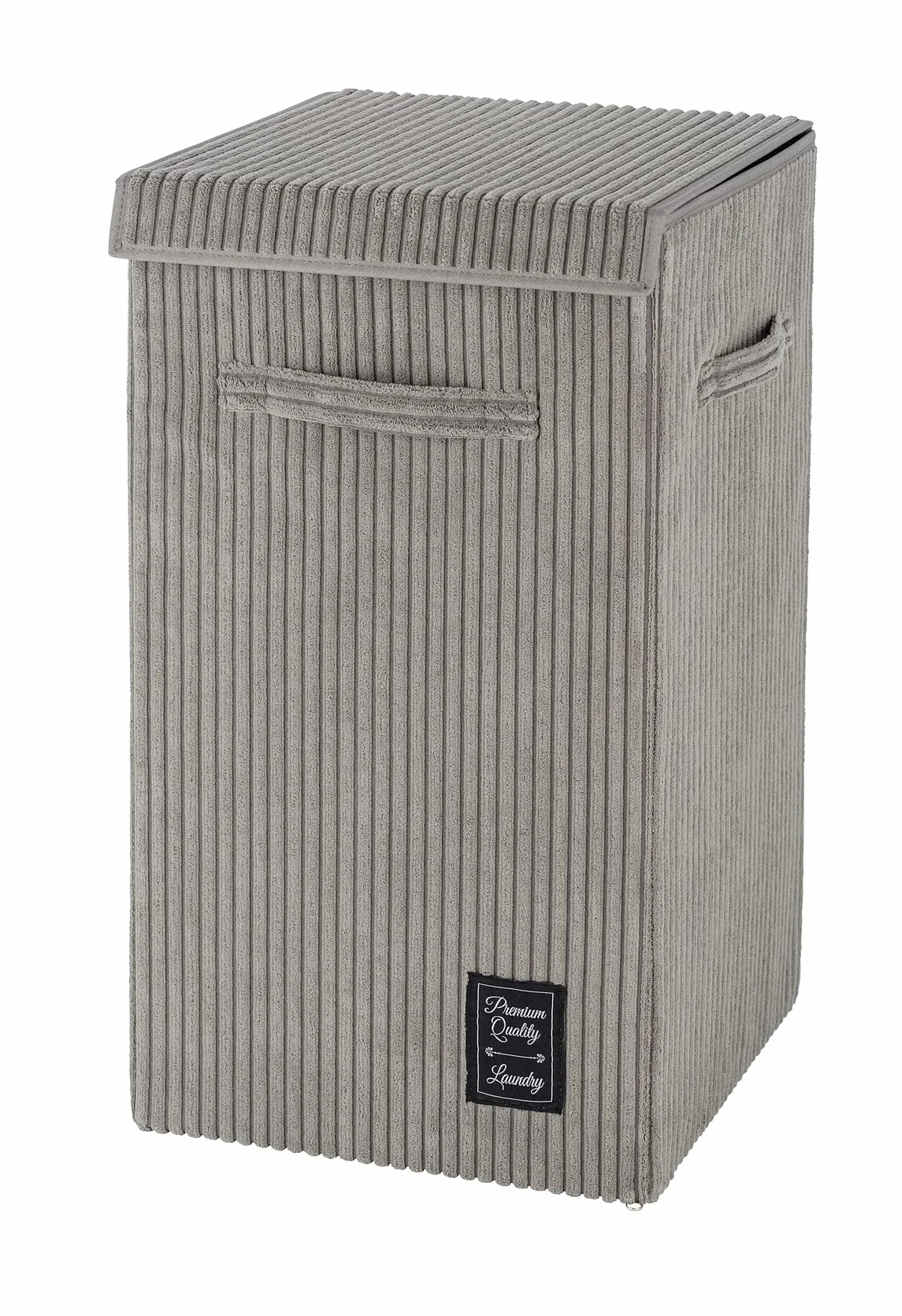 WENKO Kosz na pranie Cora szary, nowoczesny kosz na pranie z puszystego sztruksu, z pokrywą na rzepy i 3 uchwytami do noszenia, pojemność 63 l, 33 x 58 x 33 cm, 100% poliester