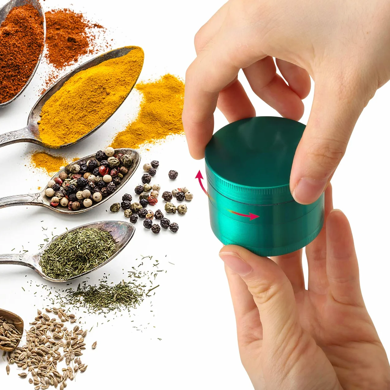 Lihao Grinder Crusher 4-częściowy zestaw młynków, stop cynku, ze skrobakiem do przypraw, ziół (mini, 5 x 3,5 cm, zielony)