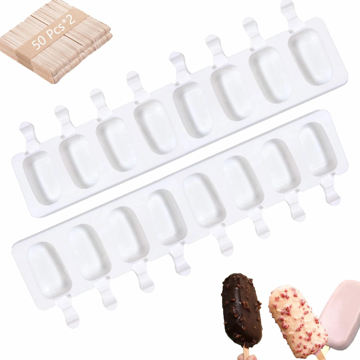 2 sztuk 8 wnęk silikonowe formy do lodów, silikonowe formy do lodu, wielokrotnego użytku, łatwe do uwolnienia, BPA Free, z 100 drewnianymi patyczkami (8 wnęk)