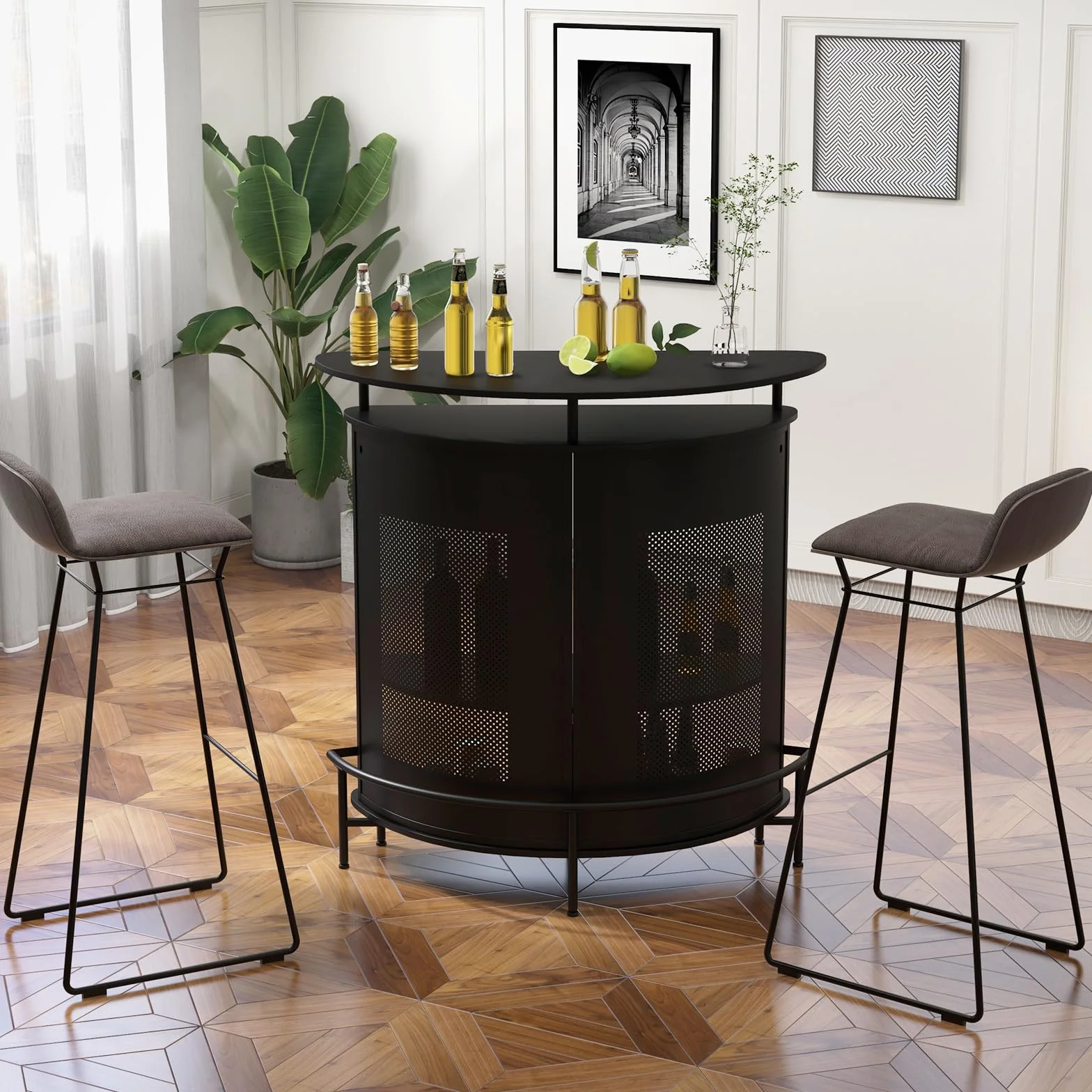 KOMFOTTEU Stolik barowy z otwartym regałem i uchwytami na napoje, stolik na wino, bar z 4 poziomami, blat kuchenny z podnóżkiem, 110,5 x 48 x 112,5 cm (półokrągły)