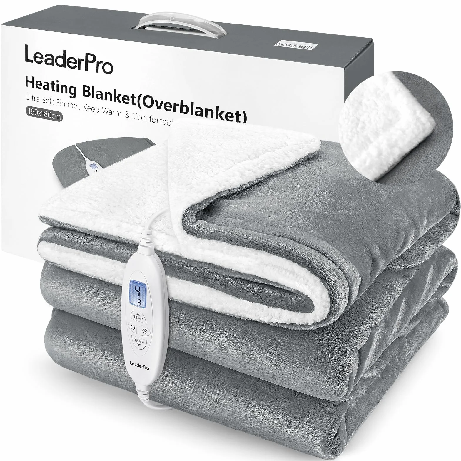 LeaderPro Koc elektryczny z pilotem - podwójny koc grzewczy 180 x 160 cm, 10 temperatur, z timerem 1-9 h, podgrzewany koc w kratę o niskim zużyciu energii, można prać - Gris Clair