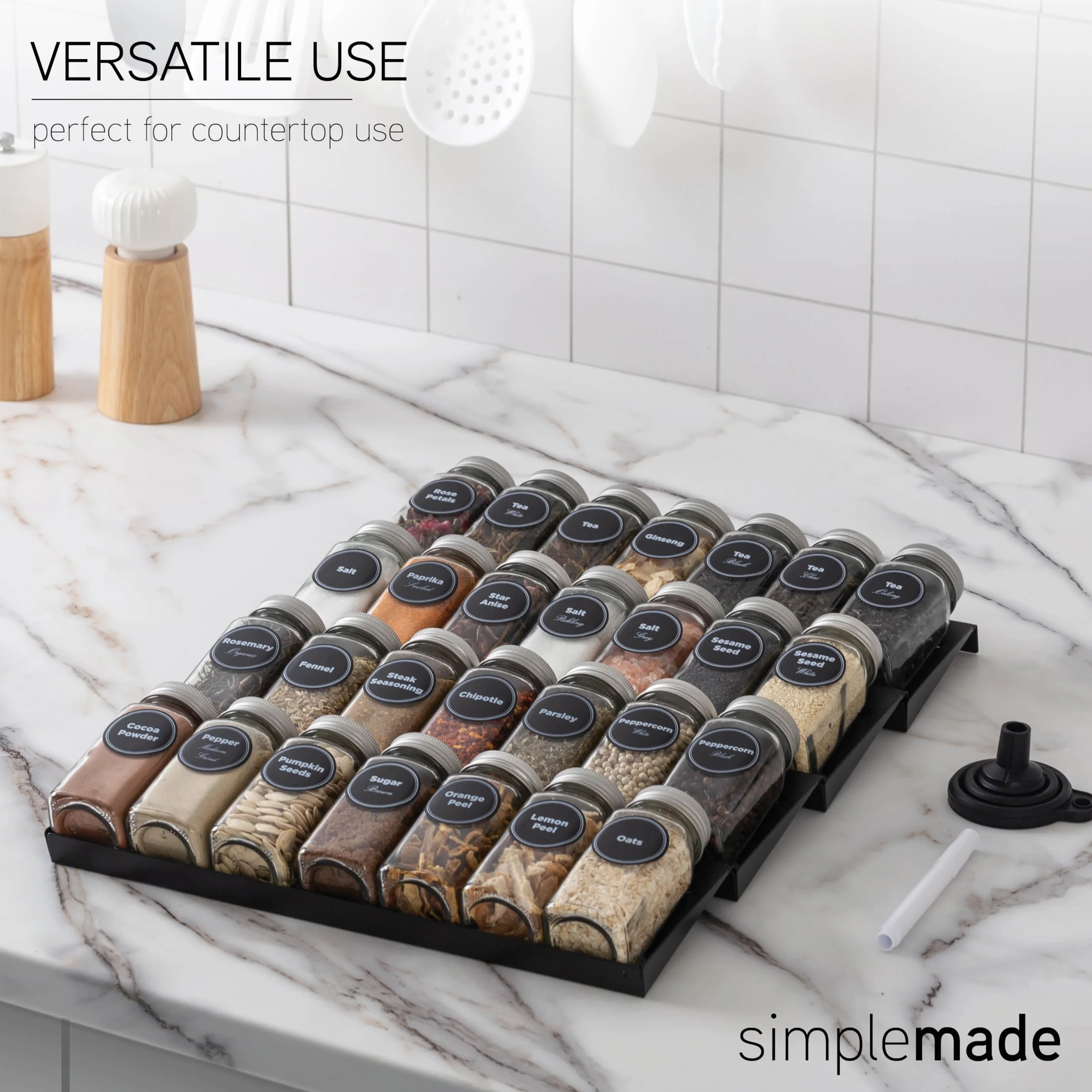simplemade - Organizer do szuflad, stojak na przyprawy do kuchni, 4-poziomowy czarny organizer na przyprawy z 28 słoikami i etykietami z długopisem, silikonowy lejek, 33 cm na 44,5 cm