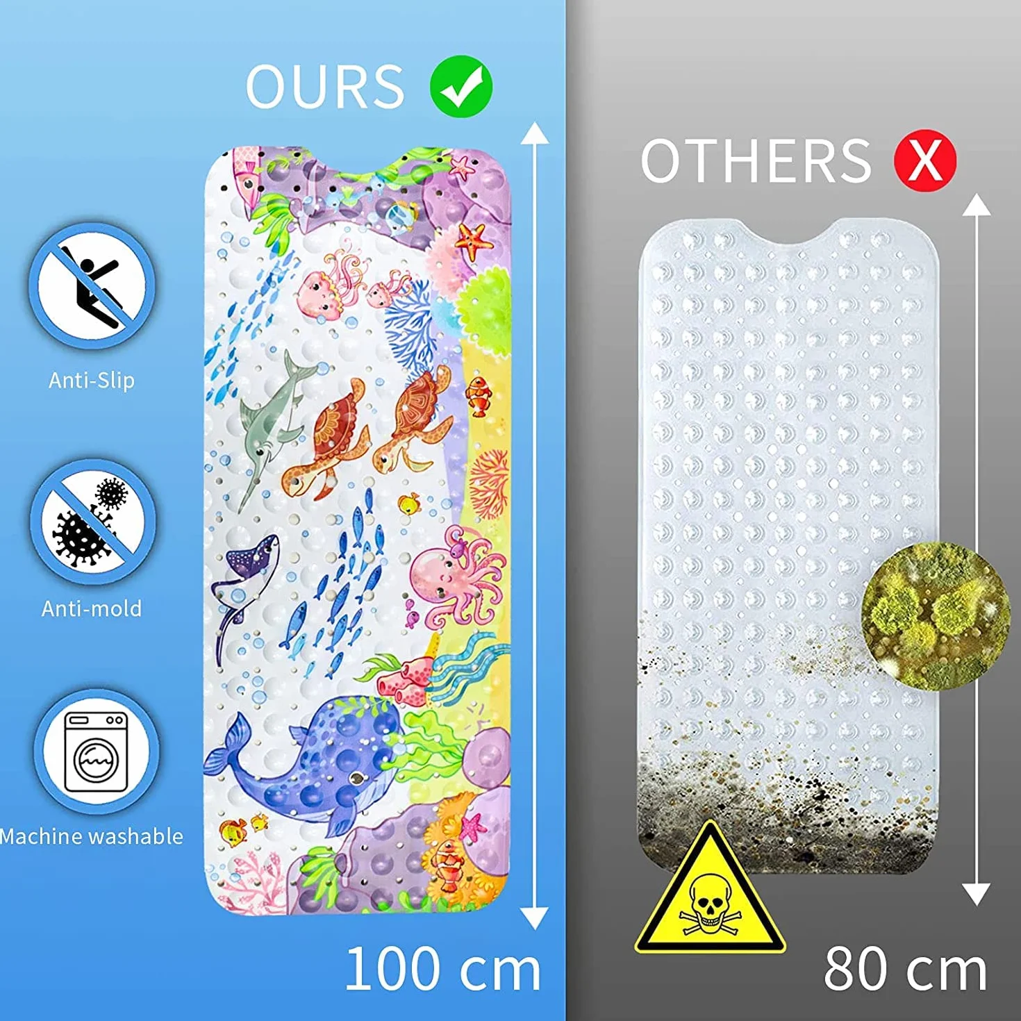 Antypoślizgowa mata do wanny dla dzieci (100 x 40 cm), obraz zwierząt morskich, mata łazienkowa z 200 przyssawkami, antypoślizgowa mata do wanny na baby shower, antypoślizgowa, odporna na
