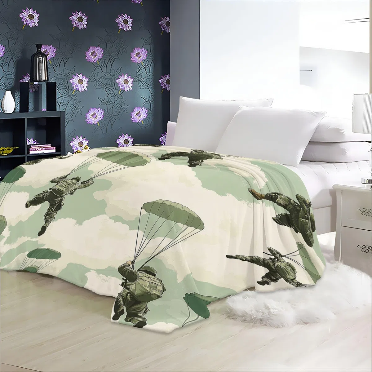 Miękki koc 200 x 200 cm miękki koc prezent dla chłopców malarstwo, spadochroniarstwo wojskowy koc wełniany zielony koc na sofę narzuta na sofę narzuta na łóżko