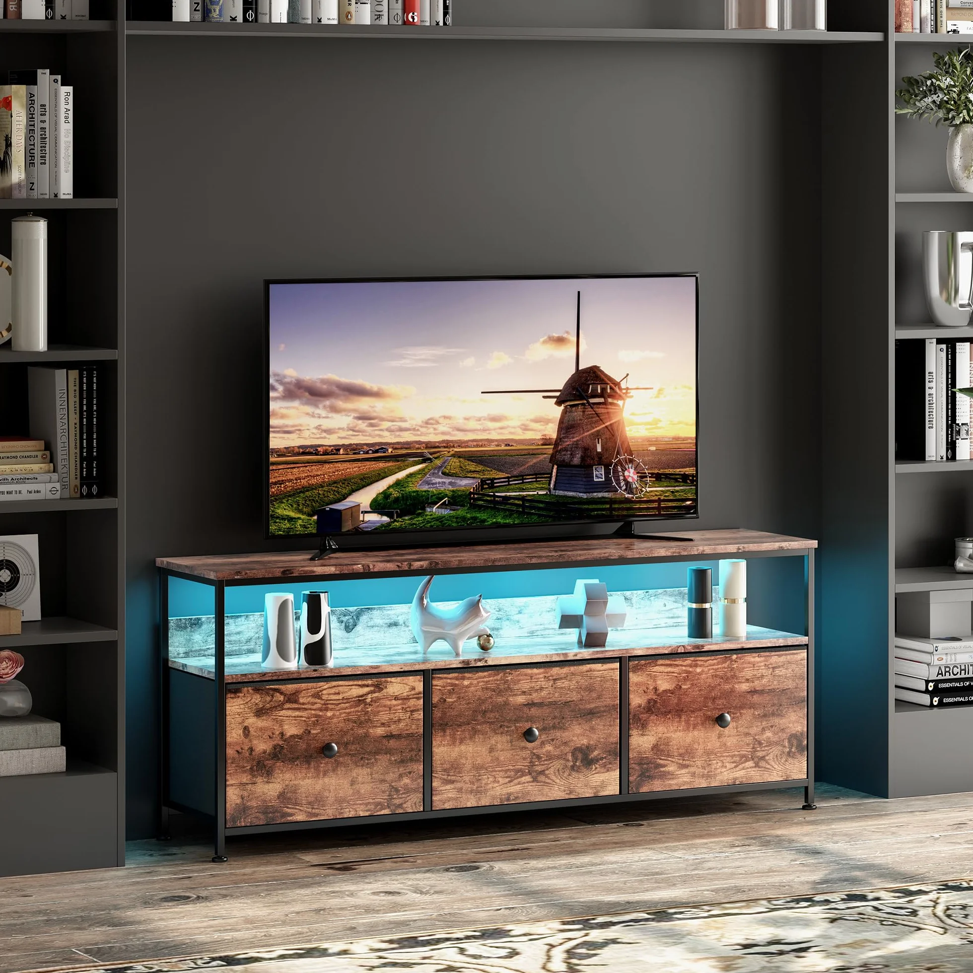 MINGZHE Szafka TV, stolik pod telewizor w stylu retro, stojak na media, stojak na telewizor z szufladami, centrum rozrywki, konsola medialna, stojak pod telewizor do salonu, retro, brązowa, 137 x 30 x
