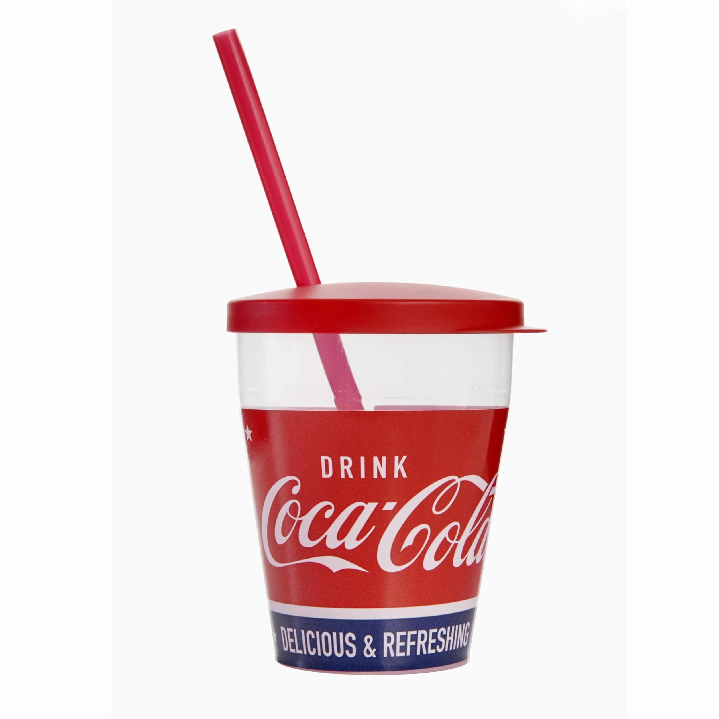 Snips, Coca-Cola szklanki ze słomką, 0,385 l, zestaw 4 szklanek z tworzywa sztucznego, ze słomką i pokrywką, wyprodukowane we Włoszech, 0% BPA