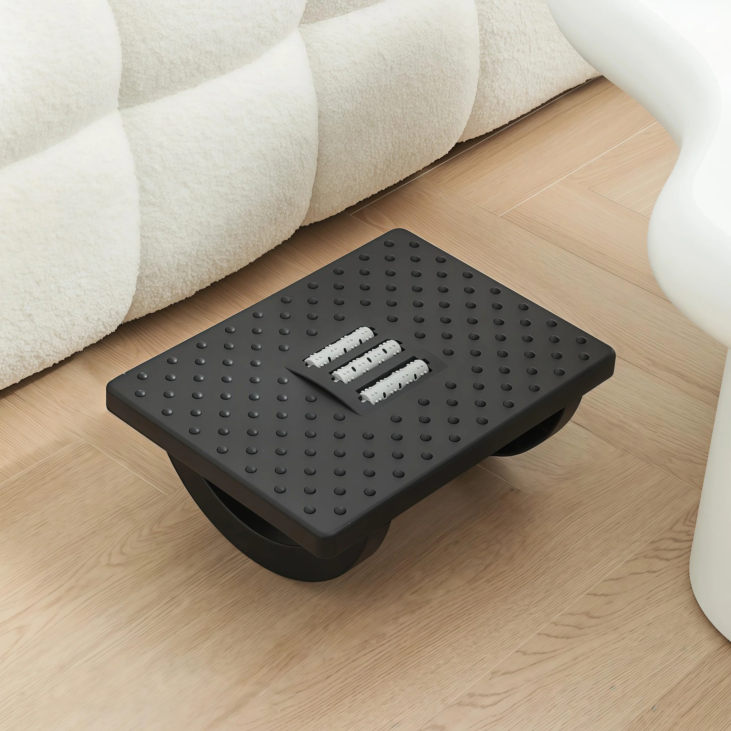 Wygodny podnóżek na biurko, półokrągły wychylny, podnóżek pod biurkiem z ergonomiczną poduszką z tworzywa sztucznego i punktami masażu, do biura i domu