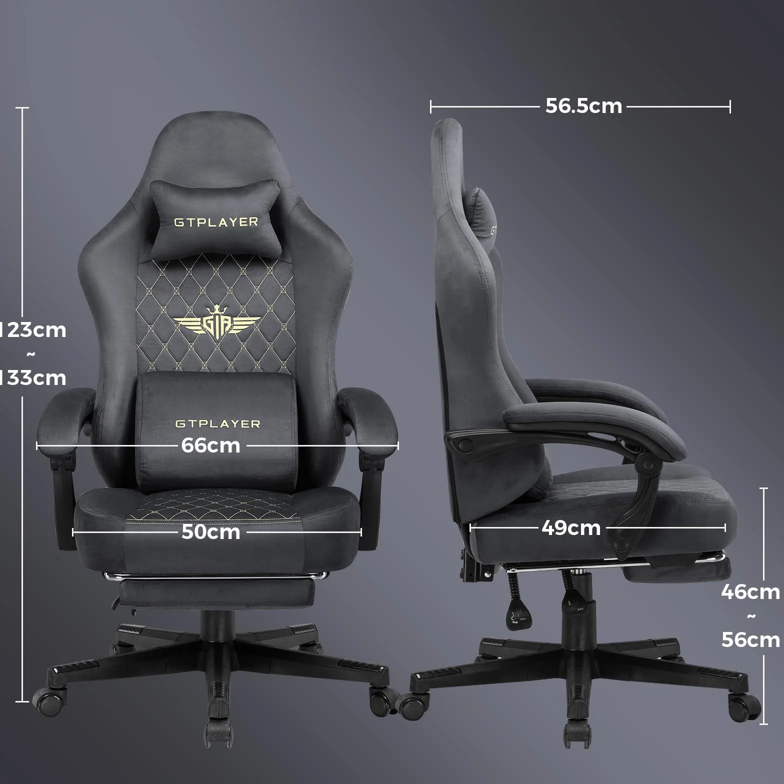 GTPLAYER Ergonomiczne krzesło gamingowe z tkaniny 150 kg regulowane obrotowe poduszka sprężynowa podnóżek szary