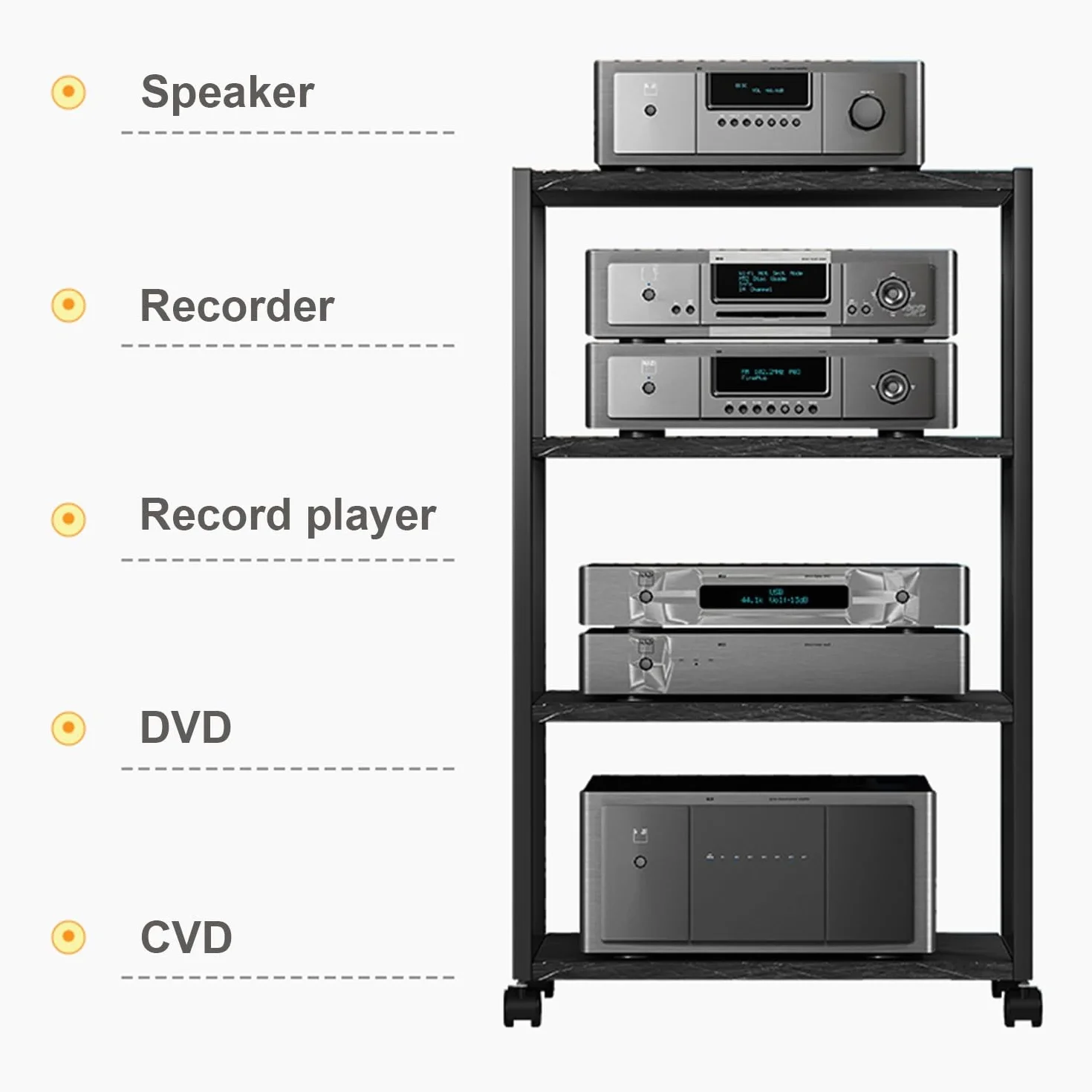 Stojak na odtwarzacz płyt - ciemnoczarna wieża audio, do szafki multimedialnej stereo, do przechowywania płyt CD/DVD, ruchome meble do salonu, studia gier i nagrań, 50 x 40 x 89 cm