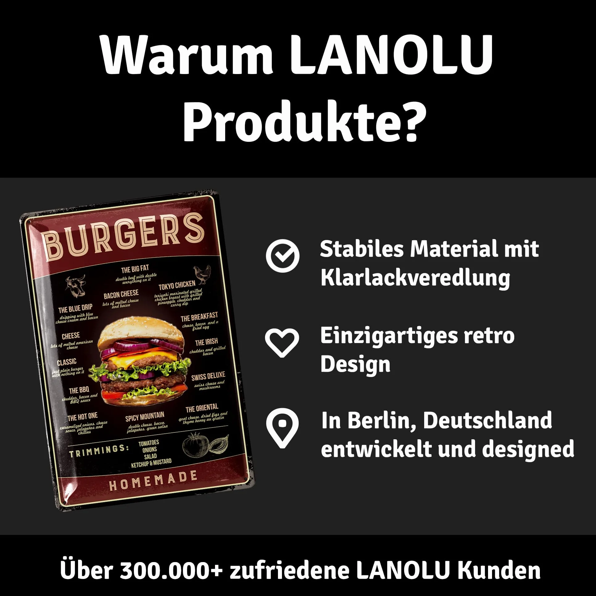 LANOLU Tabliczka blaszana w stylu vintage – znak hamburgera w stylu retro, sztuka ścienna, dekoracja restauracji, 30 x 20 cm