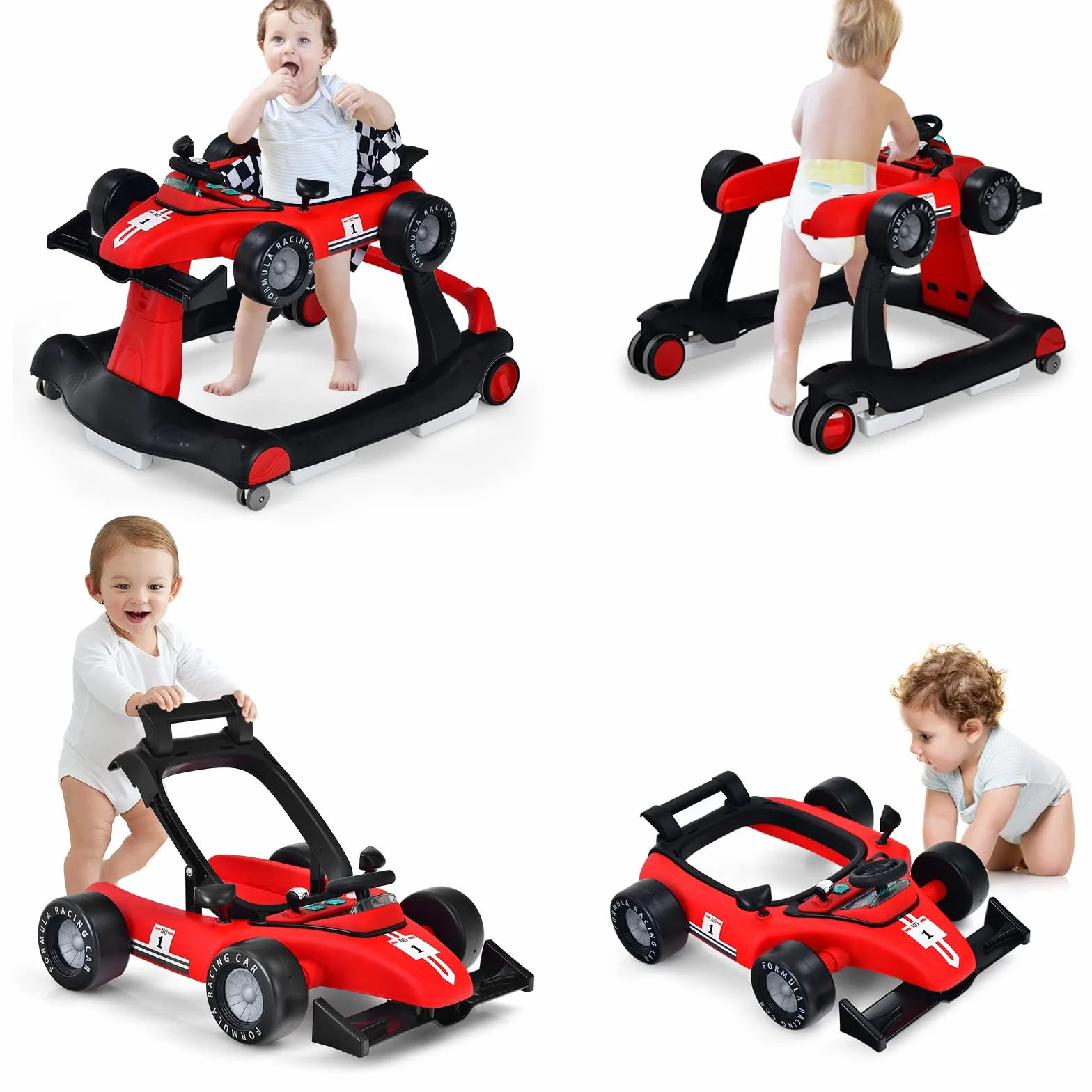 LIFEZEAL 4 w 1 Chodzik dla dzieci, składany i regulowany Babywalker, Chodzik dla dzieci od 6 miesięcy, Chodzik z regulowana prędkością, światłem i muzyką (czerwony)