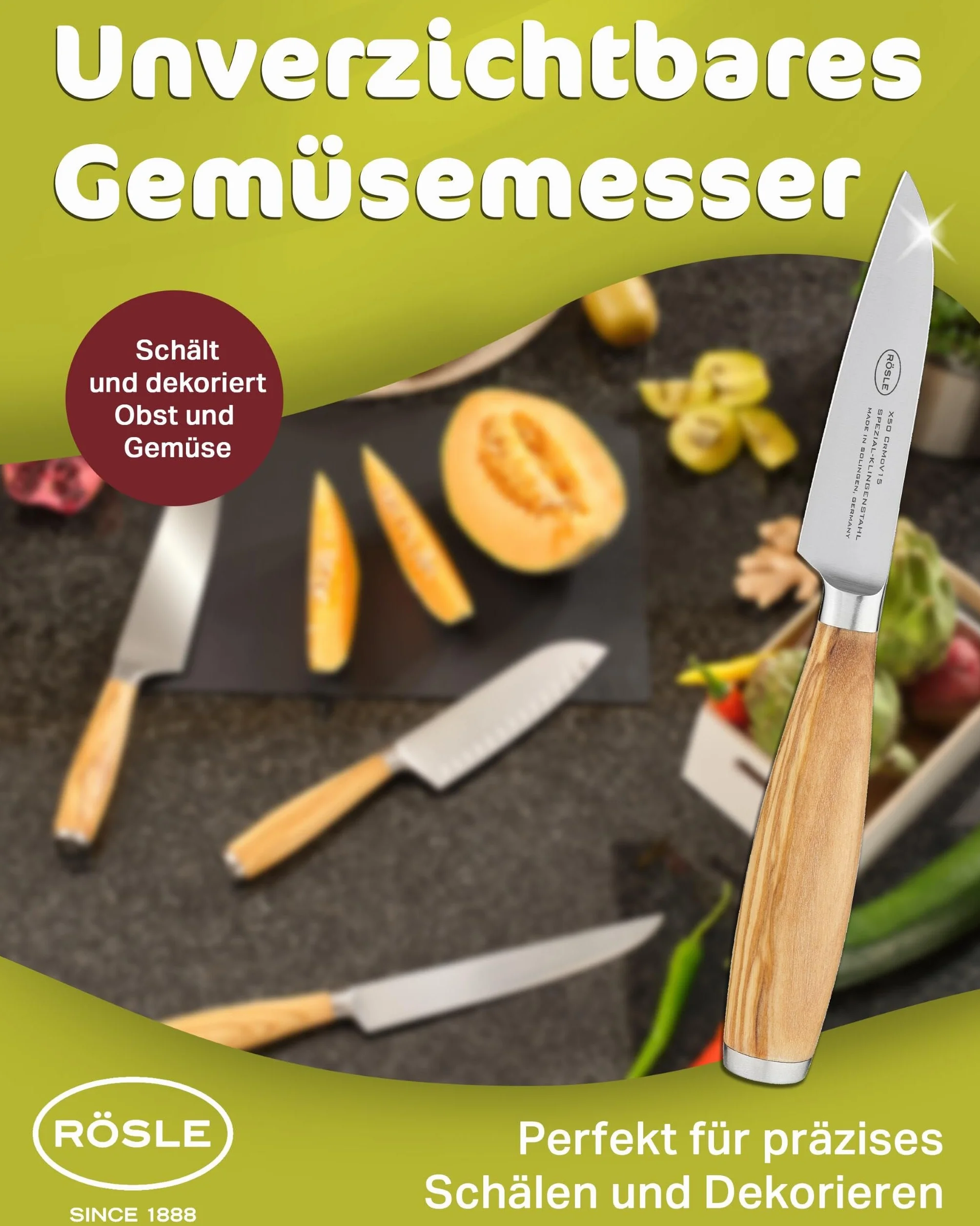 Rösle Nóż do warzyw Artesano 9 cm – wysokiej jakości nóż kuchenny do krojenia owoców i warzyw, ostry nóż do krojenia z ergonomicznym uchwytem z drewna oliwkowego