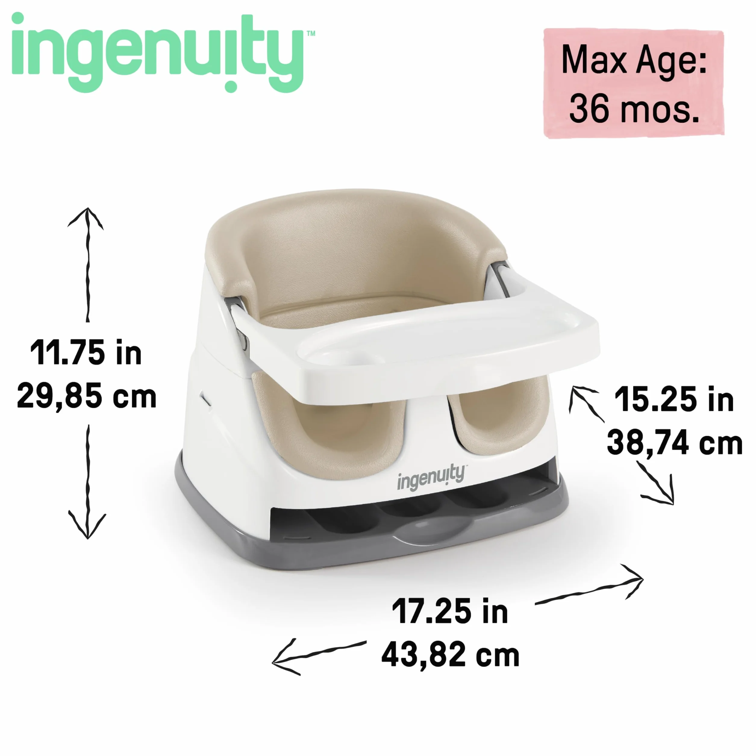 Ingenuity Baby Base 2 w 1, fotelik dziecięcy w kolorze kaszmirowym, fotel podwyższający, siedzisko do jadalni i karmienia dla małych dzieci, łatwe do czyszczenia, ze zdejmowaną i samoskładującą się tacą, dla dzieci od 6 miesięcy
