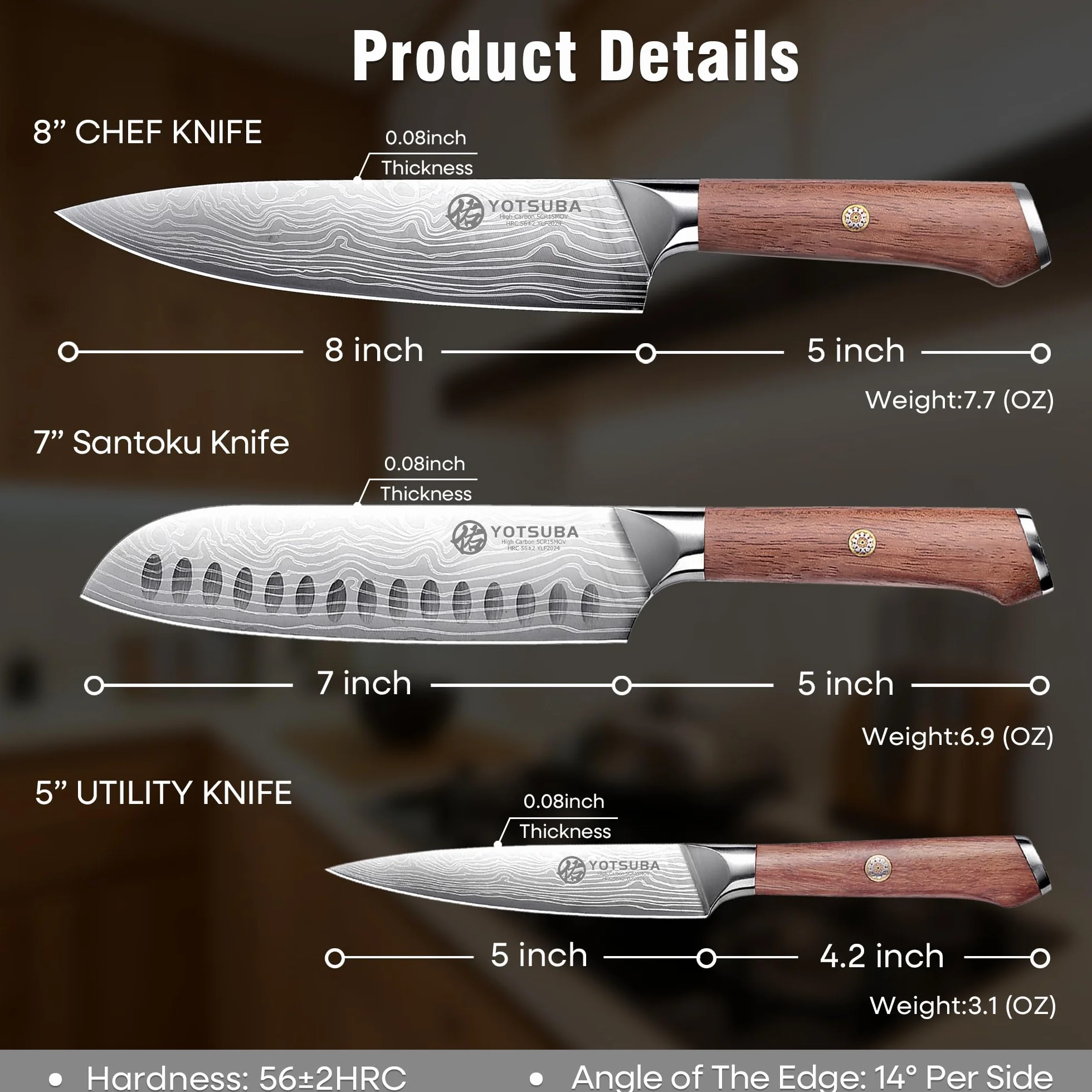Zestaw noży YOTSUBA do każdego zadania, nierdzewny i trwały, zawierający nóż szefa kuchni i Santoku oraz wielofunkcyjny