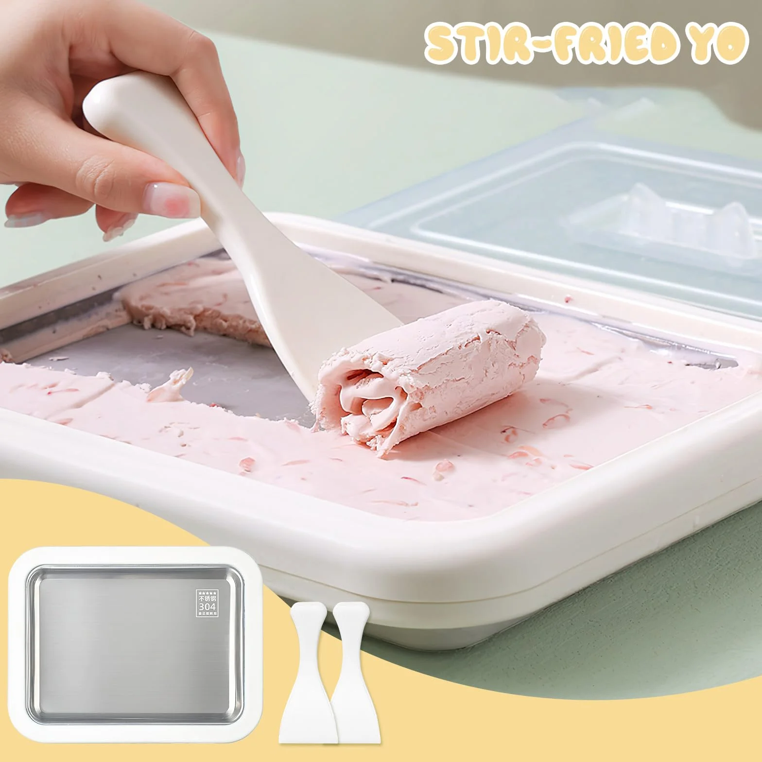 Maszyna do rolek lodowych ze stali nierdzewnej Ice Cream Machine, Płyta do robienia lodów z 2 szpatułkami (Biały, 1)