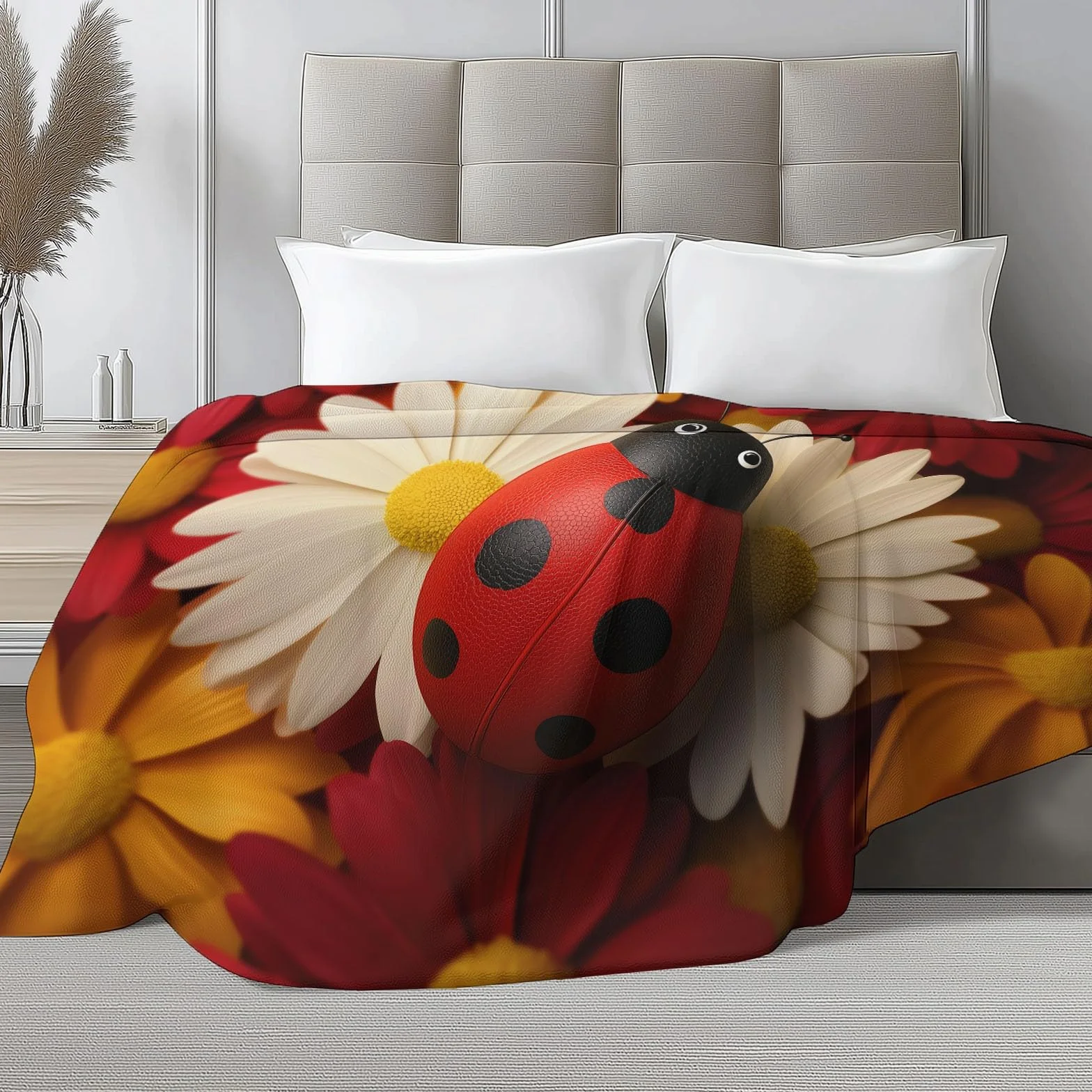 Wielokolorowy, ultramiękki koc flanelowy, narzuta 221 x 239 cm, pluszowy i ciepły, kwiaty 3D, urocze owady, nadruk, lekki koc na łóżko, pościel na sofę, podróż i dla dzieci dorosłych, 220 x 240 cm