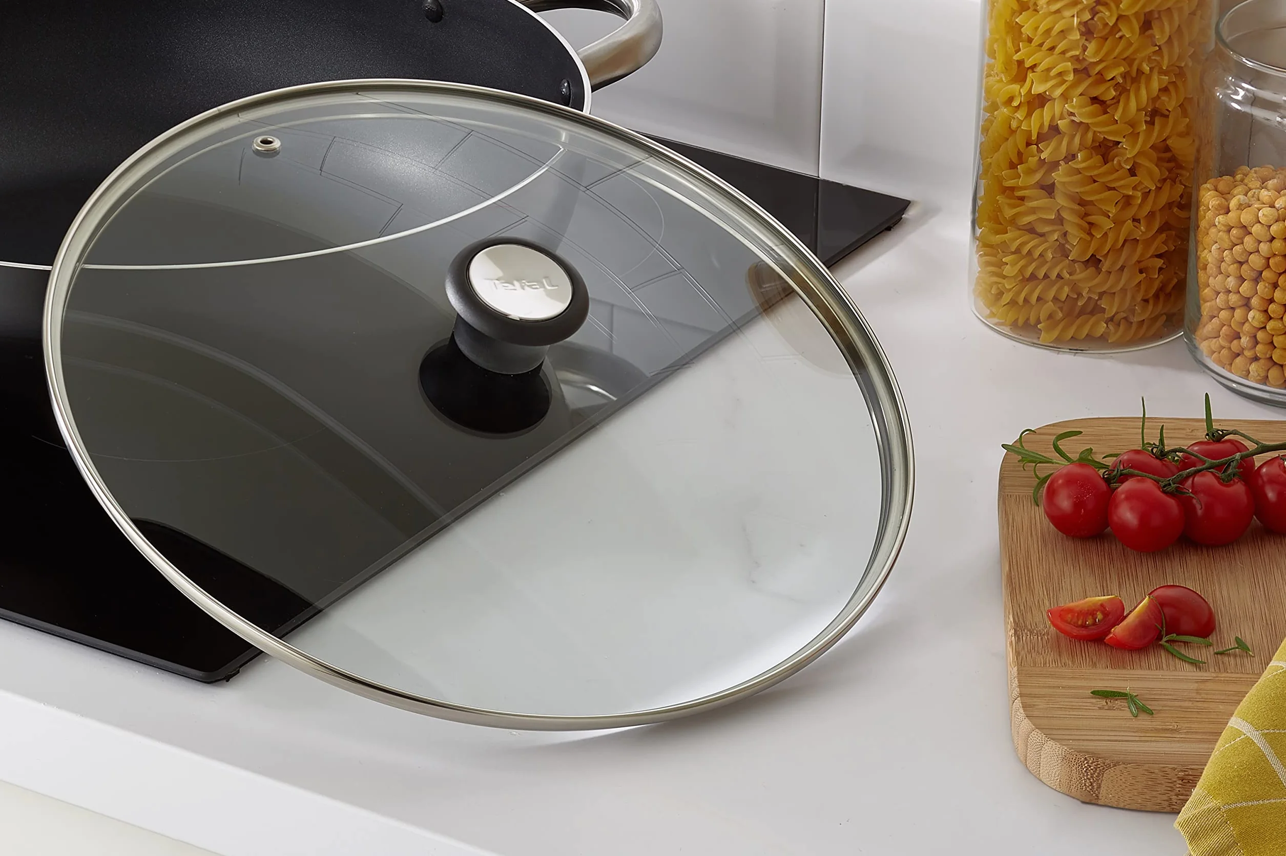 Tefal Szklana pokrywka 32 cm, oprawa ze stali nierdzewnej, nadaje się do mycia w zmywarce, zawór parowy, uchwyt z tworzywa sztucznego, 28097912, kolor czarny miedziany