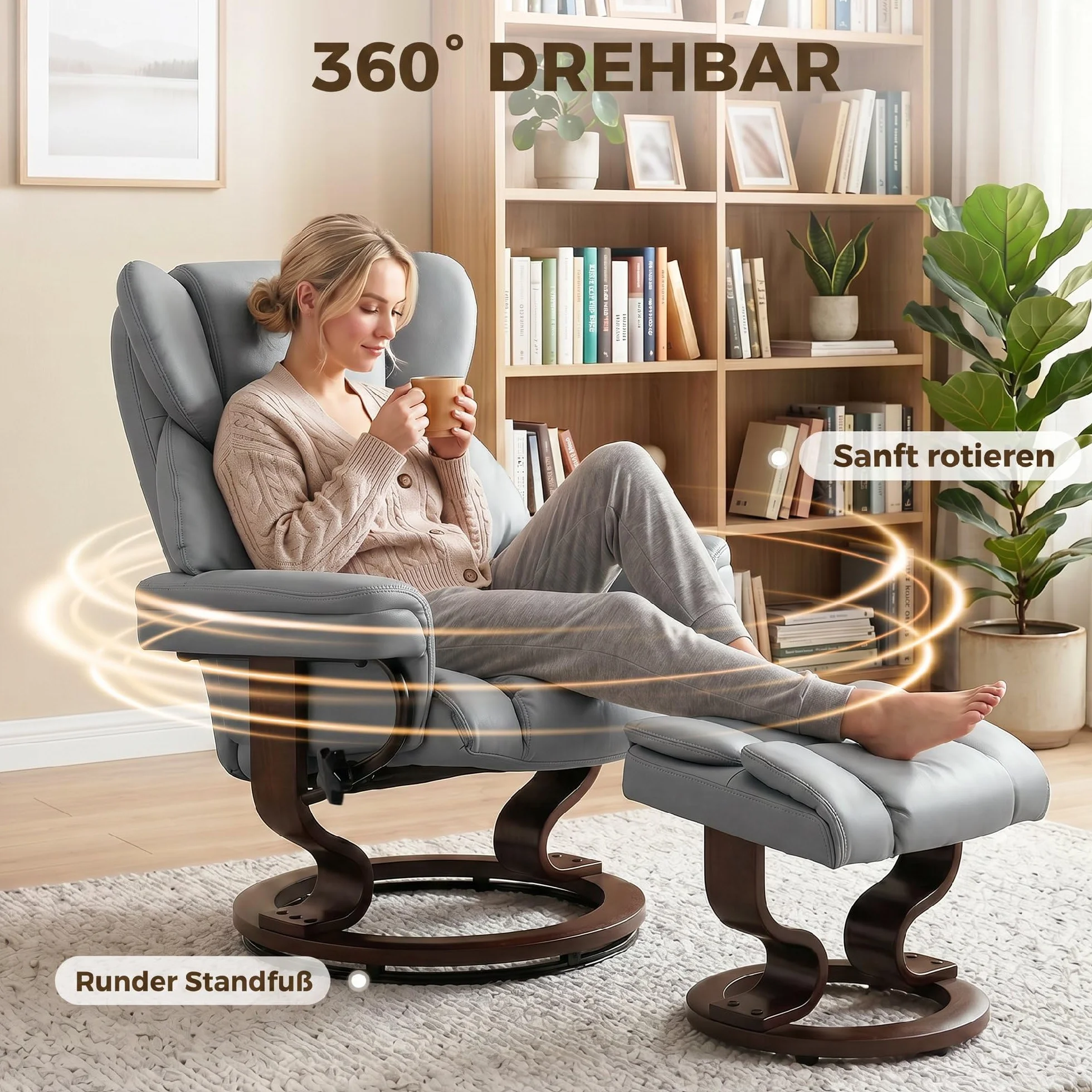 HOMCOM Fotel relaksacyjny z taboretem, obracany o 360° fotel telewizyjny z funkcją leżenia, fotel tapicerowany do salonu, sypialni, sztuczna skóra, jasnoszary