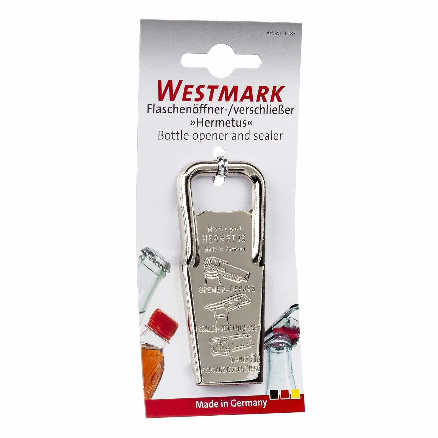 Westmark Otwieracz i zamykacz do butelek, Otwieracz do kapsli, 3 w 1, Stal/guma, 8,6 x 3,7 x 1,5 cm, Hermetus, Srebrny/czerwony, 61832270