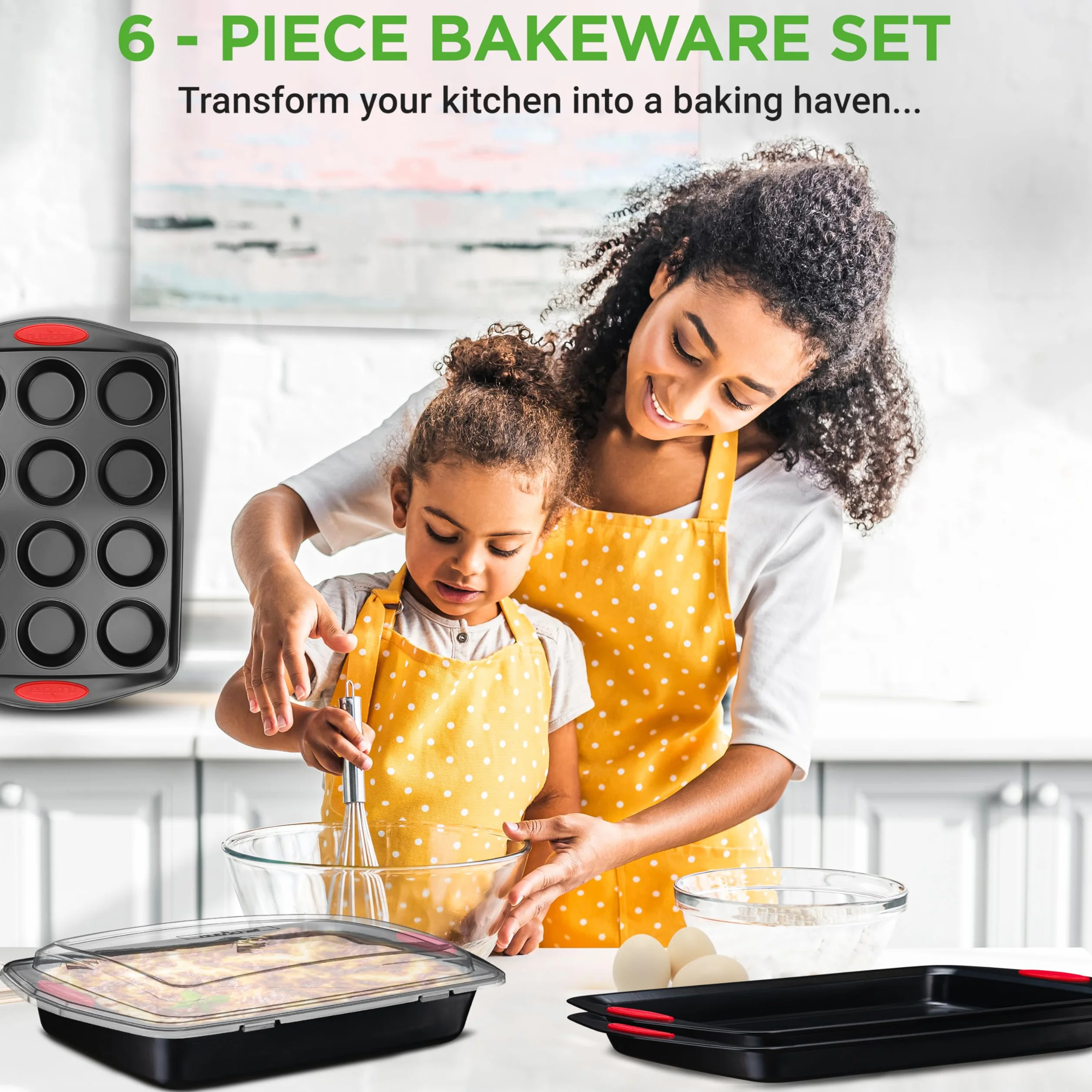NutriChef 6-częściowy zestaw do pieczenia z powłoką nieprzywierającą - Premium akcesoria do pieczenia ze stali węglowej z silikonowymi uchwytami - Zawiera 2 formy do pieczenia, 12 foremek do muffinek