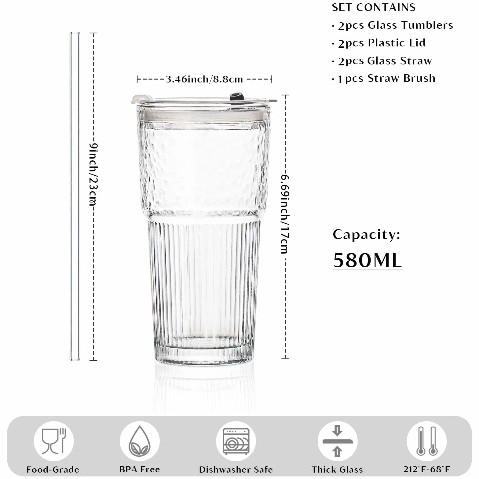 INSETLAN Szklany kubek ze słomką i pokrywką, 2 sztuki, stylowe prążkowane szklanki do kawy mrożonej, matcha, smoothie, soku, zimnych napojów, 530 ml