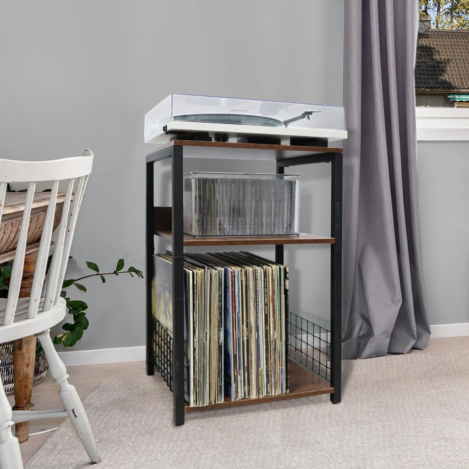 MayRecords Stojak na gramofon, stolik pomocniczy z 3-poziomowym uchwytem na płyty winylowe, metalowy stolik pomocniczy, do przechowywania do 100 albumów, brązowy stojak na odtwarzacz do salonu