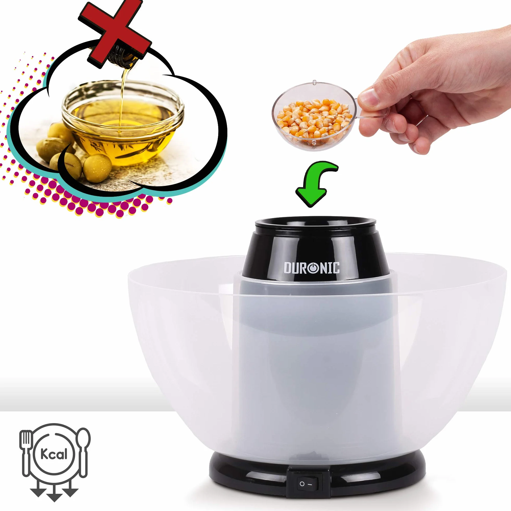 Duronic POP50 BK Maszyna do popcornu automat 1200W z wyjmowaną misą bezolejowa | do prażenia 50g ziaren przekąska bez tłuszczu | na gorące powietrze