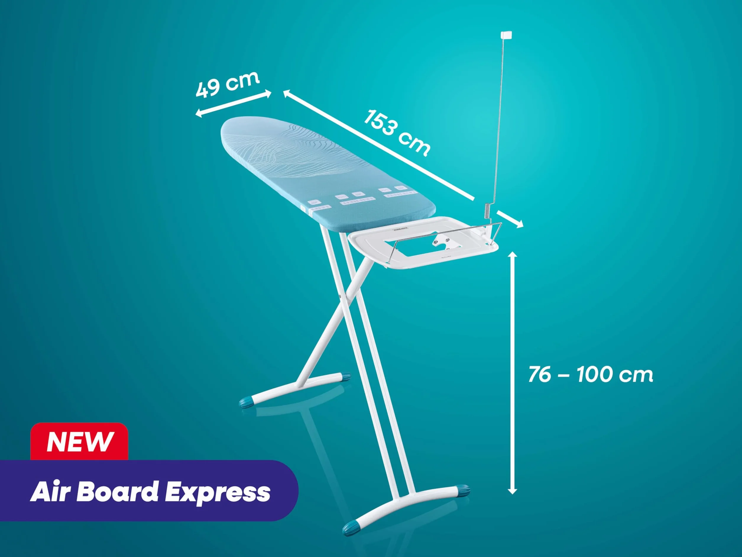 Leifheit Deska do Prasowania Air Board Express M Solid, 120 x 38 cm | Ultralekka konstrukcja, półka na stację parową, regulacja wysokości do 100 cm, uchwyt na kabel i wieszaki