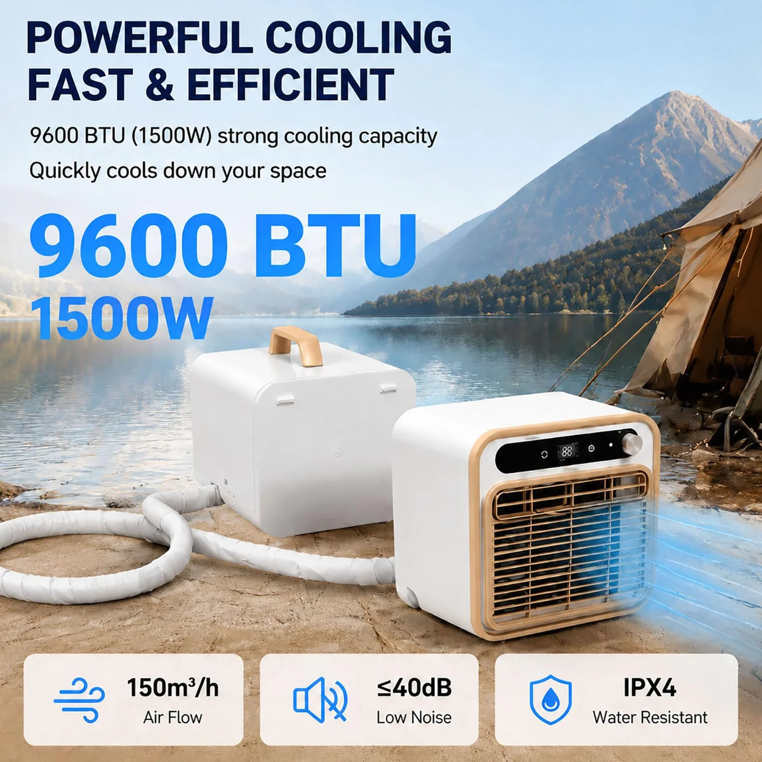 Przenośny klimatyzator 6800 BTU z jednostką zewnętrzną (konstrukcja typu split), moc chłodnicza 1500 W, łatwy w przenoszeniu – do namiotu, przyczepy kempingowej, kampera