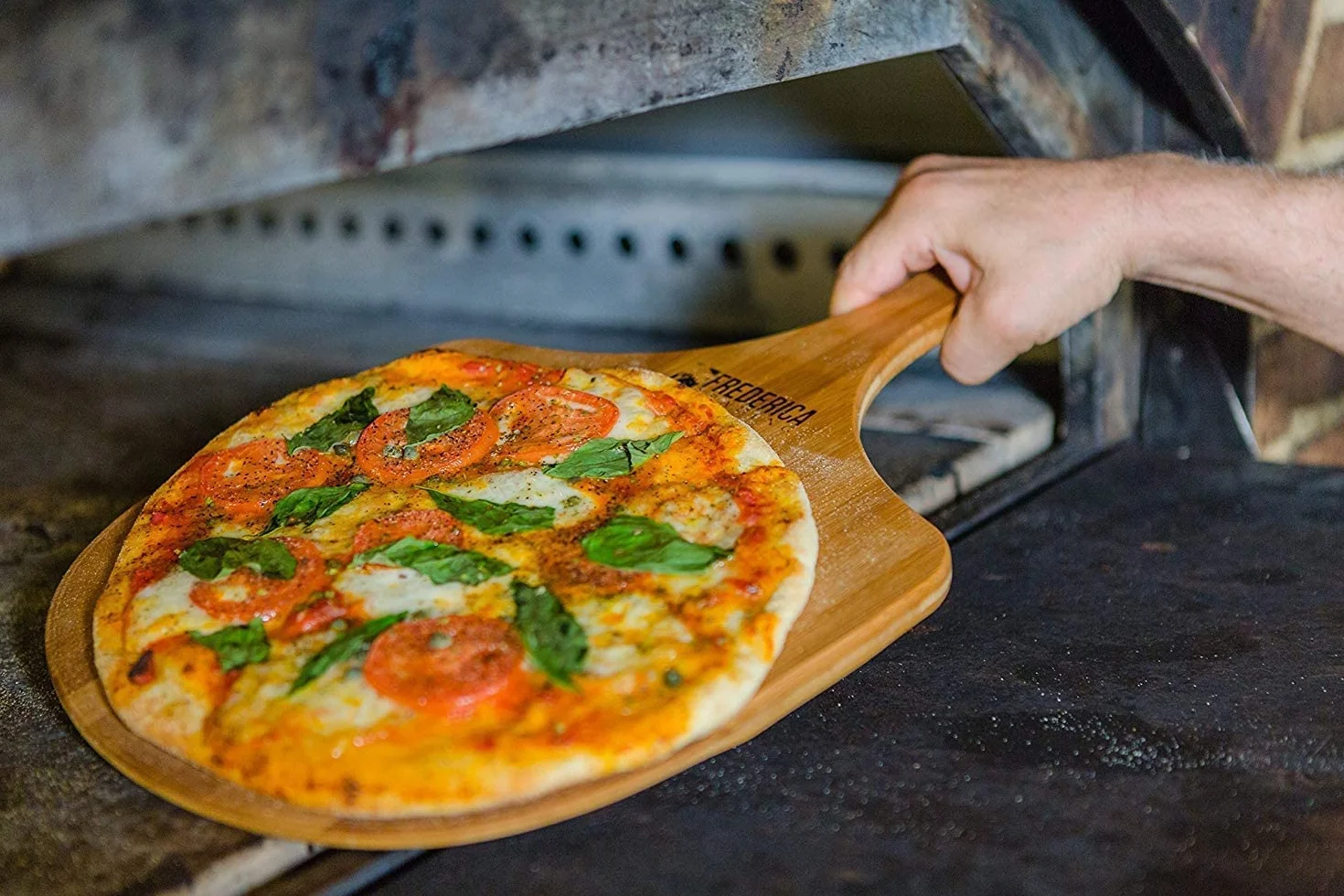 Bambusowa drewniana łopatka do pizzy – najwyższej jakości, organiczna bambusowa szpatułka do pizzy i deska do krojenia z uchwytem [do pizzy, pieczenia chleba, tacki do serwowania owoców i sera]