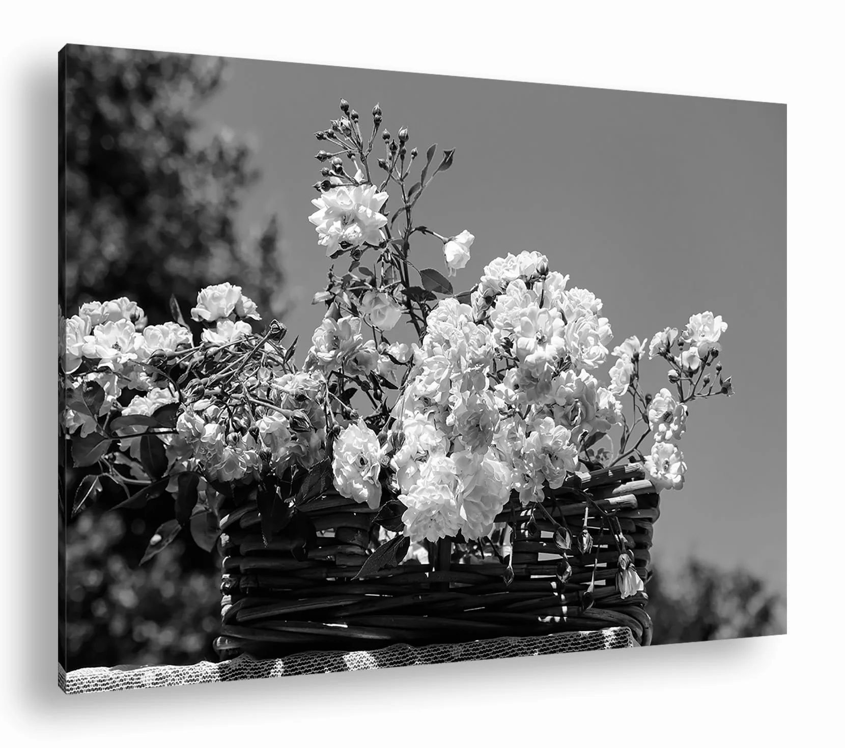 deyoli Przepiękny kosz na róże format: 90 x 60 cm efekt: czarno-biały jako obraz na płótnie, motyw oprawiony na ramie z prawdziwego drewna, wysokiej jakości druk cyfrowy z ramą