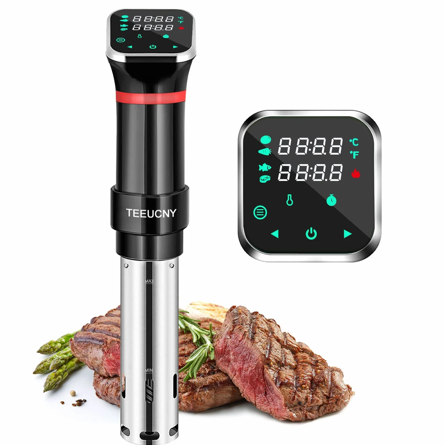 Sous Vide, TEEUCNY Sous-vide Stick precyzyjny garnek do gotowania 1100 W, cyrkulator zanurzeniowy, precyzyjne ustawienie temperatury, cyfrowy timer, ultra cichy, dotykowy wyświetlacz LCD, stal