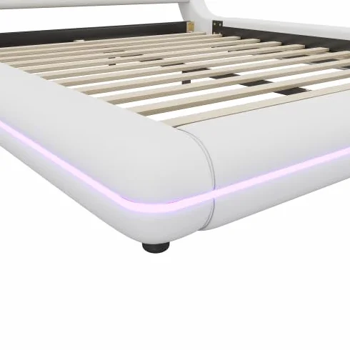 vutizal Łóżko podłogowe 160 x 200 cm z oświetleniem RGB LED sterowanym za pomocą aplikacji, nowoczesne płaskie łóżko z pilotem zdalnego sterowania i oświetleniem otoczenia | w kolorze białym, łącznie