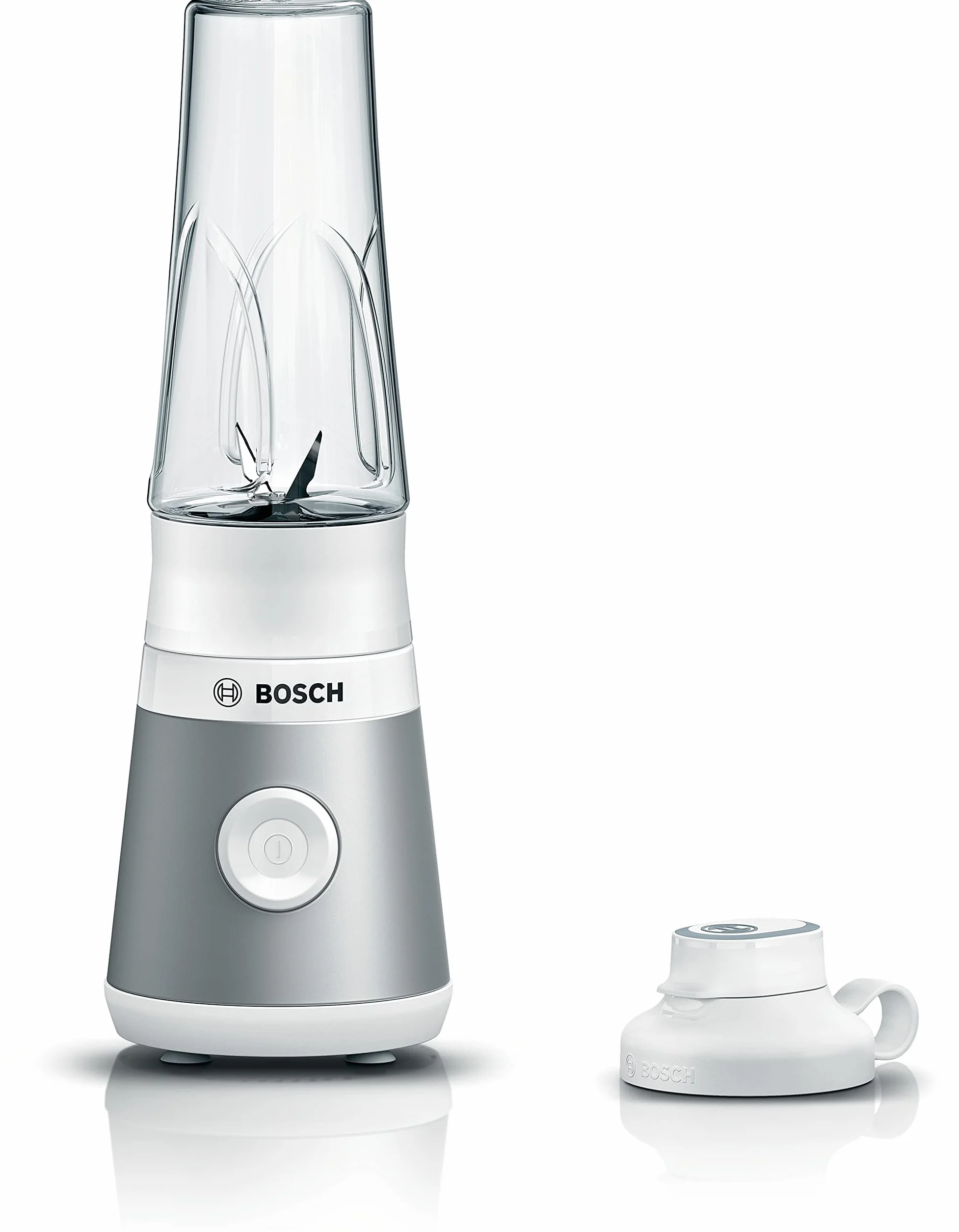 Bosch, mini blender, seria VitaPower 2, system ProPerformance z szybkim miksowaniem, silnik o mocy 450 W, ostrza ze stali nierdzewnej, szczelny, butelka Tritan ToGo, jasnosrebrny, biały, MMB2111