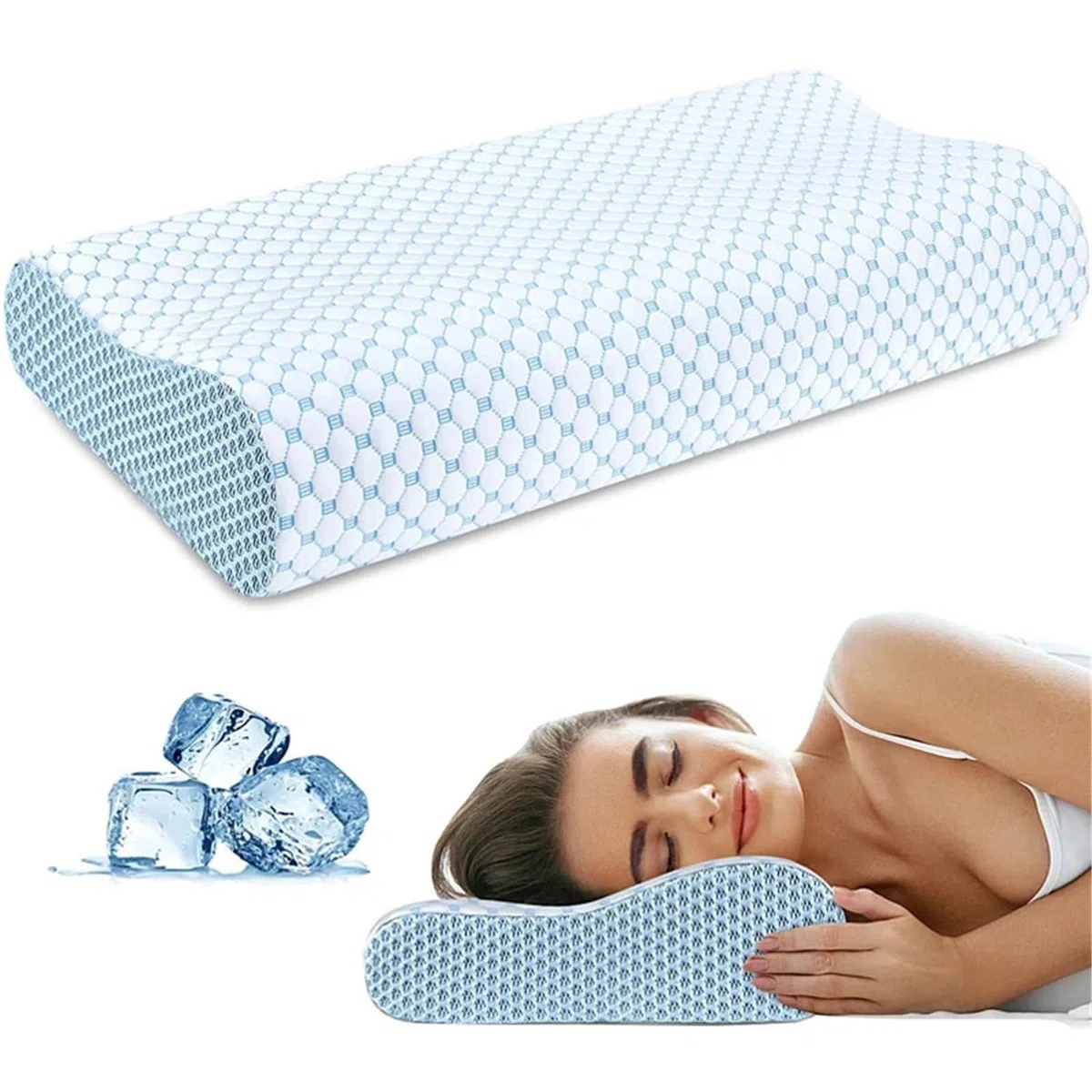 XANAYXWJ Poduszka z pianki memory 1 szt. Poduszka z pianki memory Cool Feeling, ergonomiczna ortopedyczna szyjka macicy 2 w 1, podpórka do spania na szyję (niebieska (50x30 cm))
