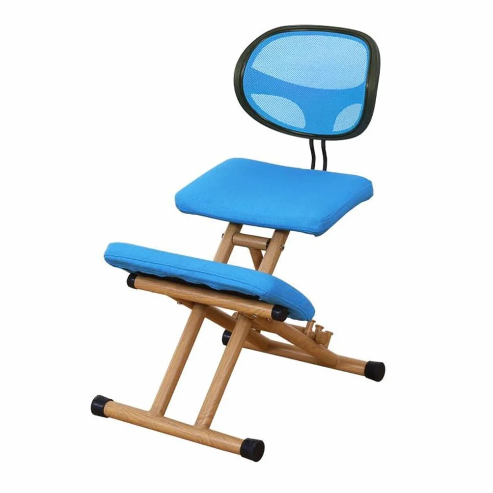 Ergonomiczne krzesło klęczące, regulowane nachylenie i siedzisko balansowe, drewniana konstrukcja pionowa, regulacja wysokości i kąta, poprawia postawę i komfort