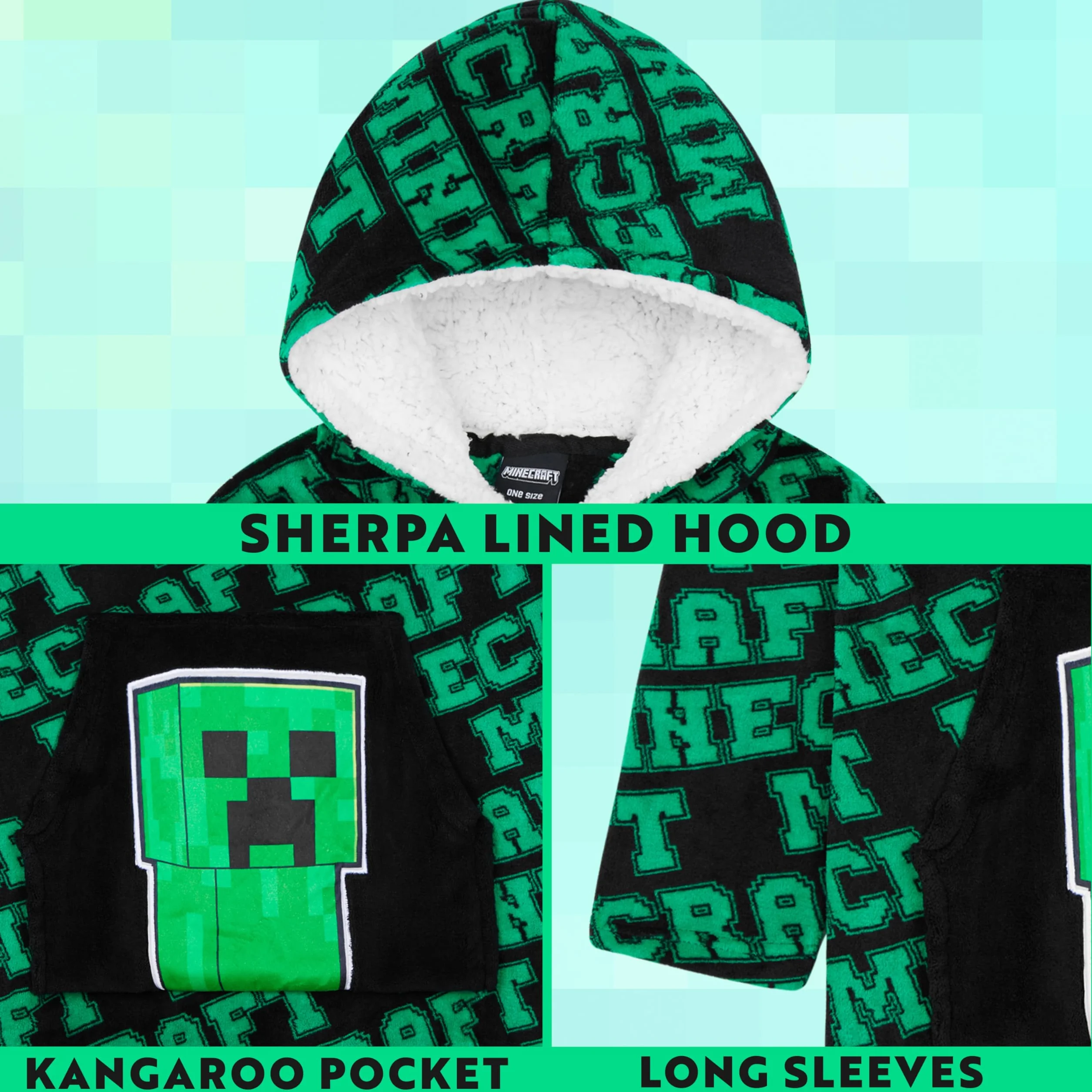 Minecraft Koc z kapturem Creeper Ponczo Polarowe dla Chłopców Zielony Czarny One Size