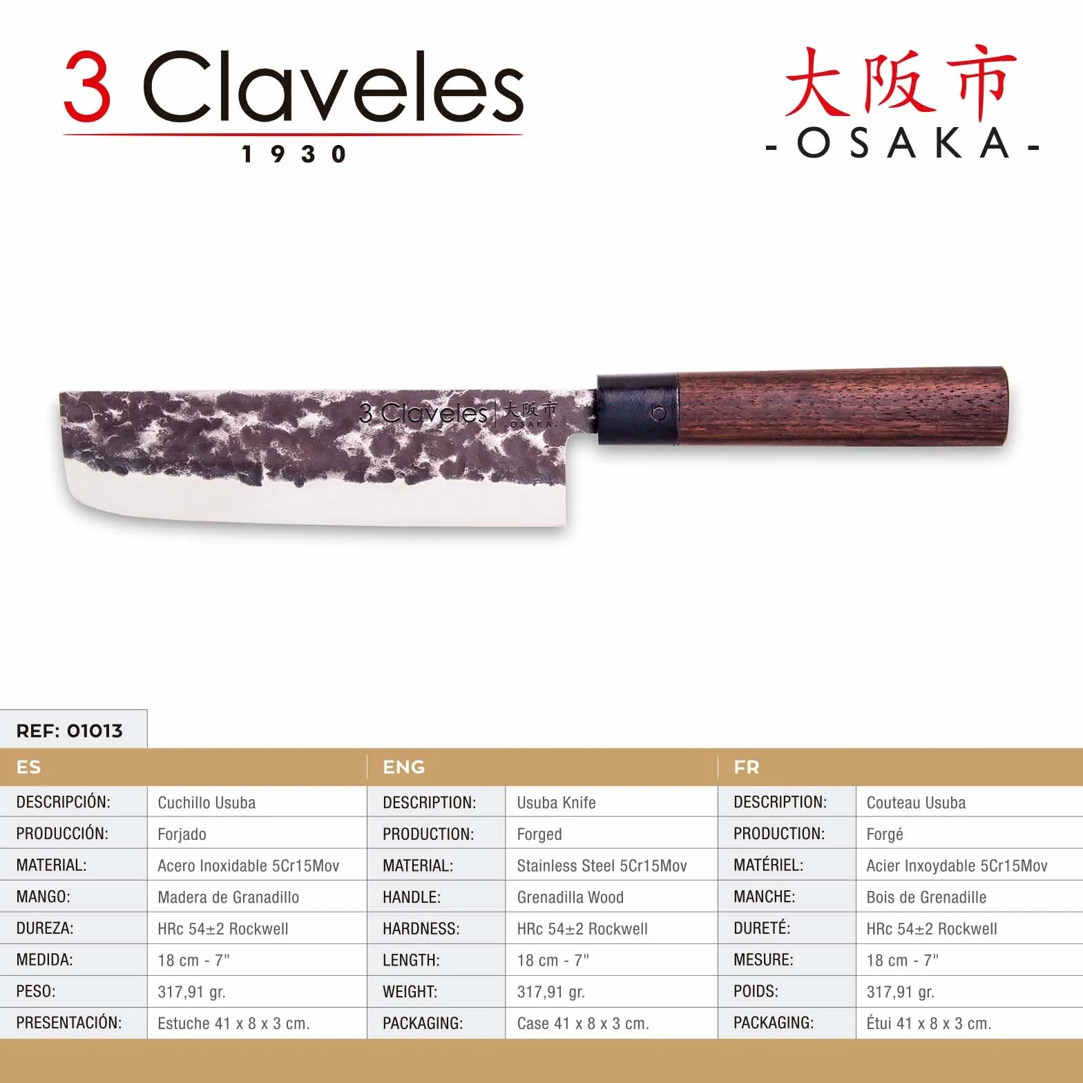 3 claveles Osaka japoński nóż Usuba 18 cm drewno