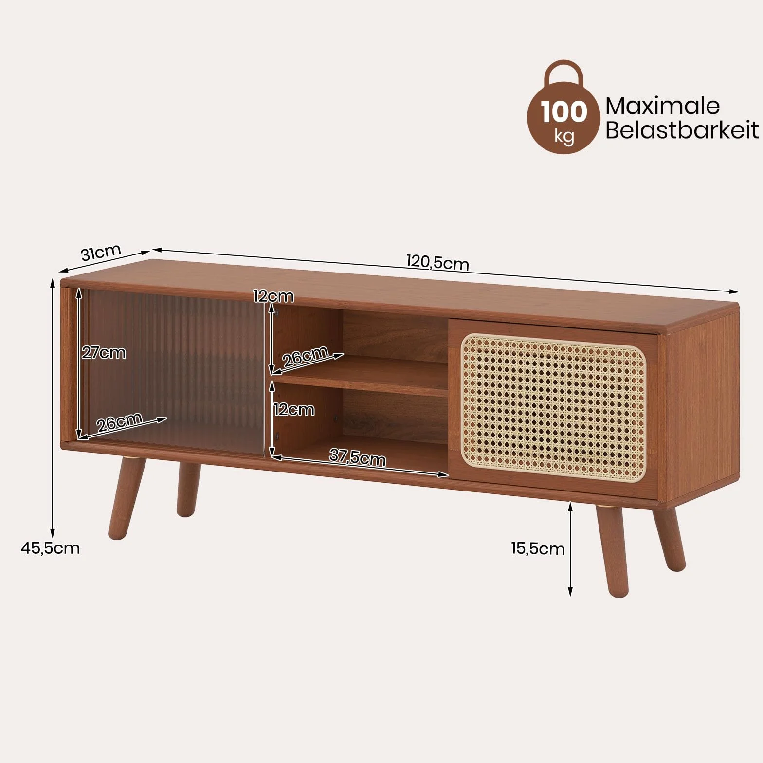 COSTWAY Bambusowa szafka pod telewizor z przesuwanymi drzwiami rattanowymi i szklanymi, stolik pod telewizor z regulowaną półką, szafka pod telewizor do 55 cali, 120,5 x 31 x 45,5 cm (brązowa)