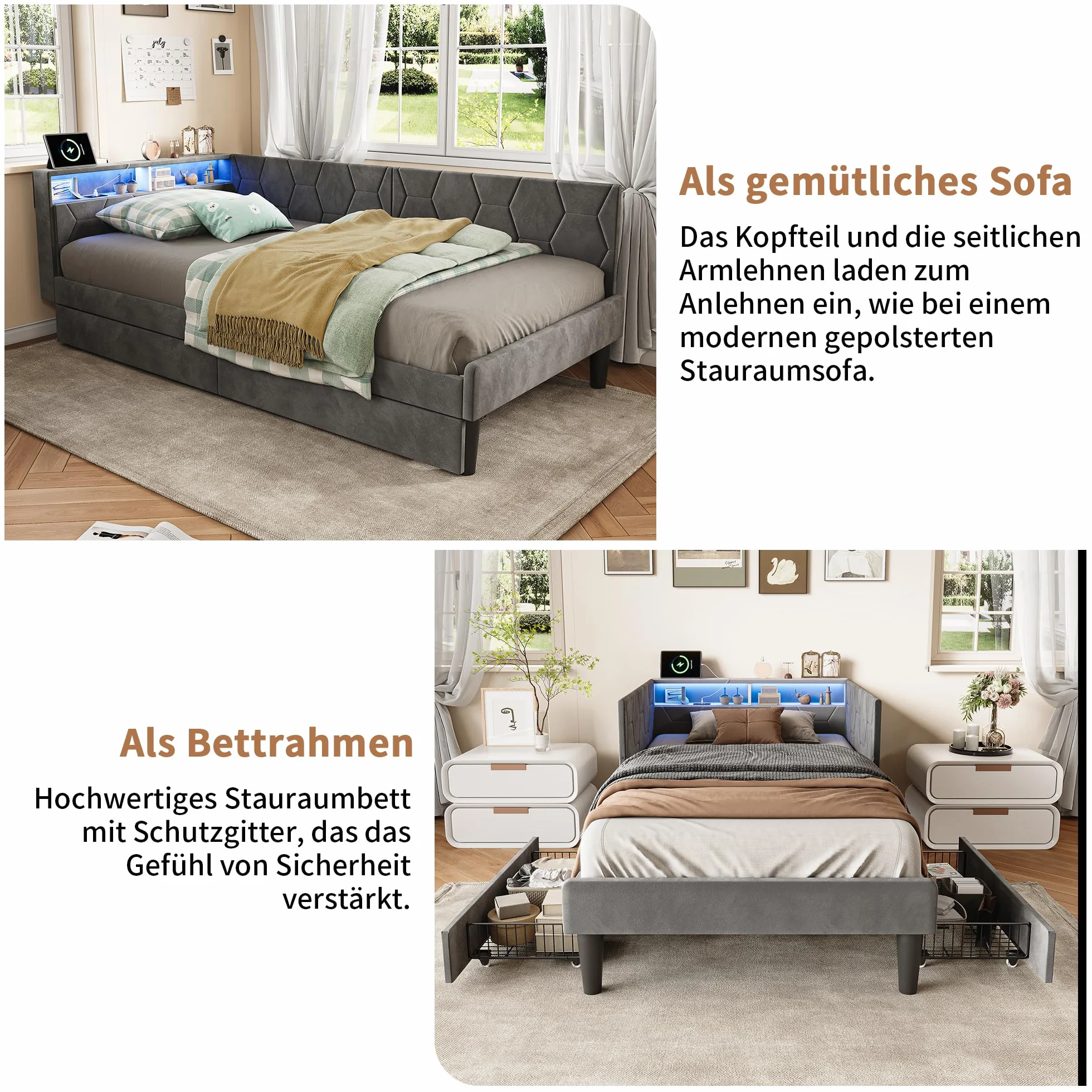 KeepGoon 90 x 200 cm łóżko tapicerowane z 2 szufladami, z aksamitu, łóżko pojedyncze/rozkładane, zagłówek LED ze schowkami, funkcja ładowania USB i stelaż, łóżko młodzieżowe dla dorosłych