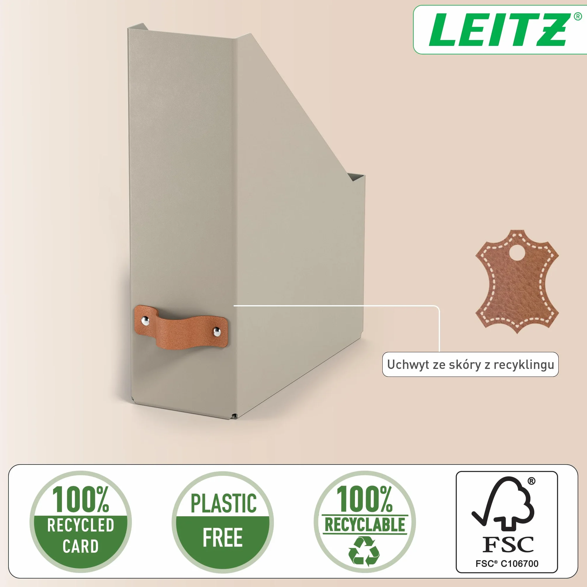 Organizer na Dokumenty Leitz Puro – Zestaw 2x Stojak na Gazety A4, Kompatybilnych z Regałami Modułowymi i Półkami, Pomieści 900 Arkuszy (80 g/m²), 10 x 26 x 31 cm, Beżowy