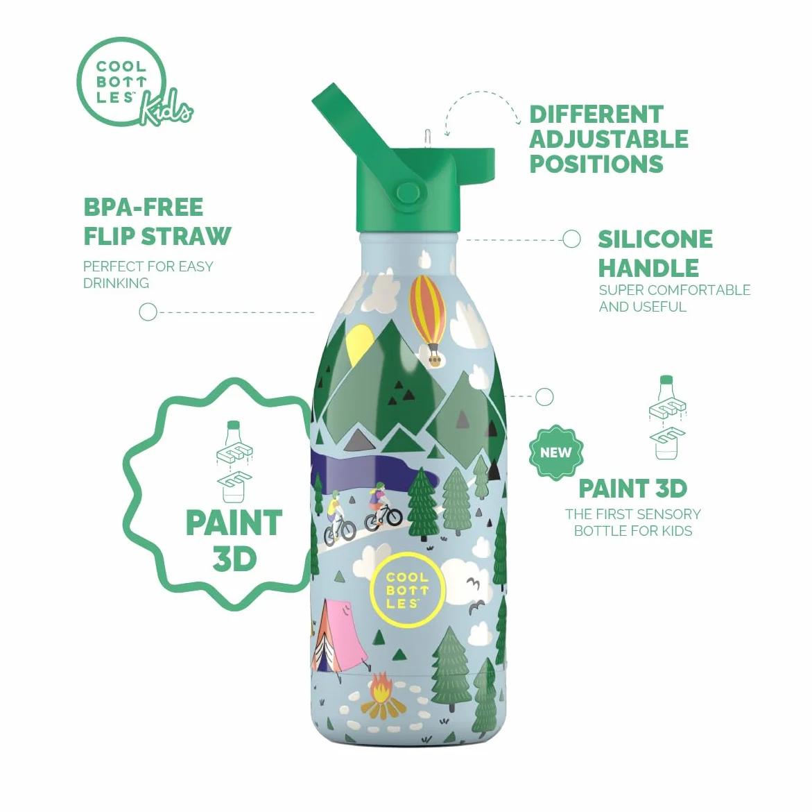 Cool Bottles - Butelka na wodę ze stali nierdzewnej dla dzieci, termos dla dzieci - zimne napoje przez 36 godzin i gorące przez 18 godzin - Outdoor Adventure 500ml