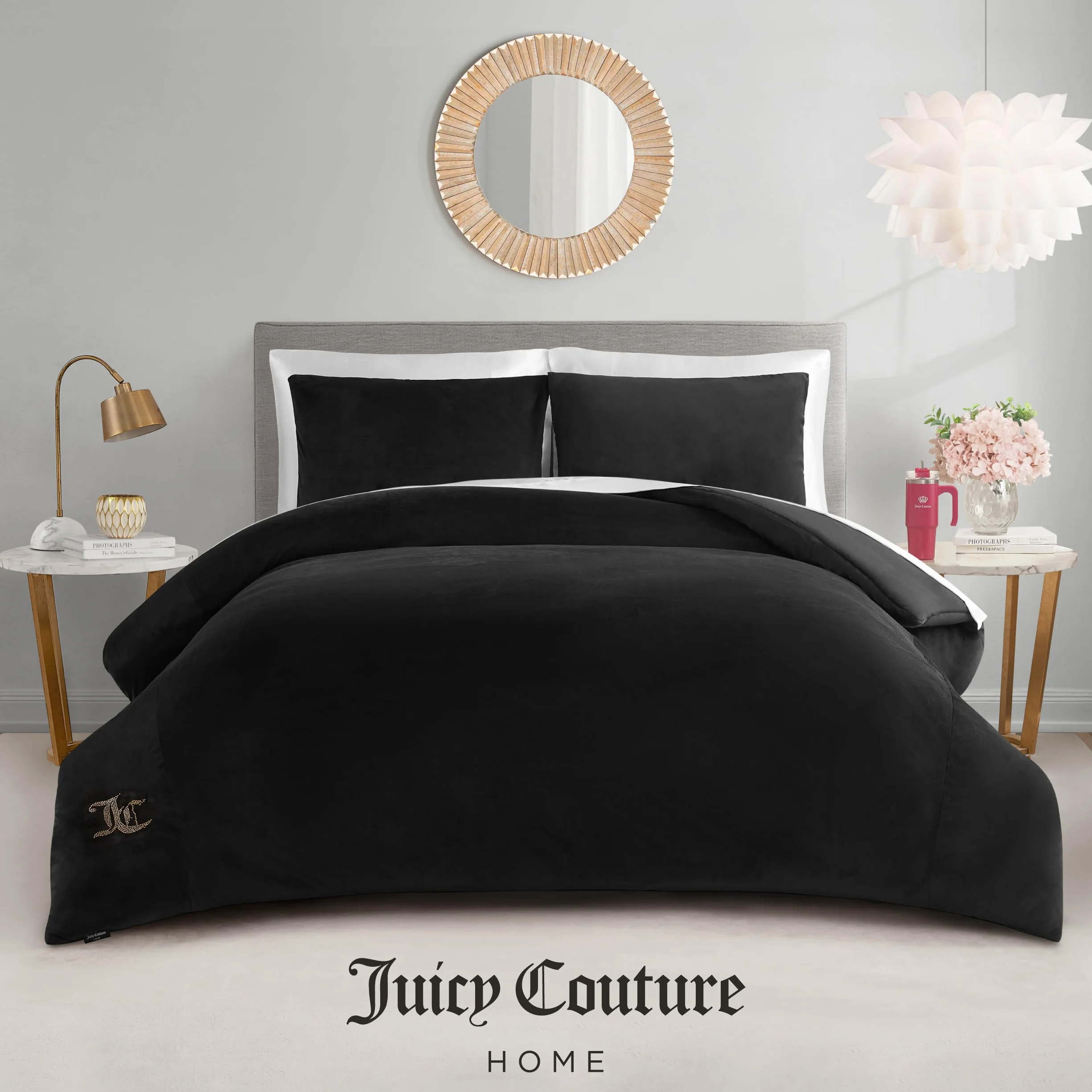 Juicy Couture Czarny welurowy komplet pościeli pełnej/królowej - 3-częściowy zestaw luksusowej pościeli