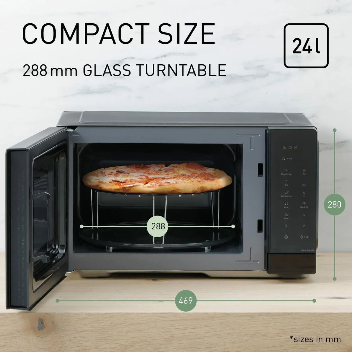 Panasonic NN-K36NBMEPG, kuchenka mikrofalowa grill, 24 litry, moc 900W, 8 programów automatycznych, gotowanie kombinowane, funkcja szybkiego 30, czarny