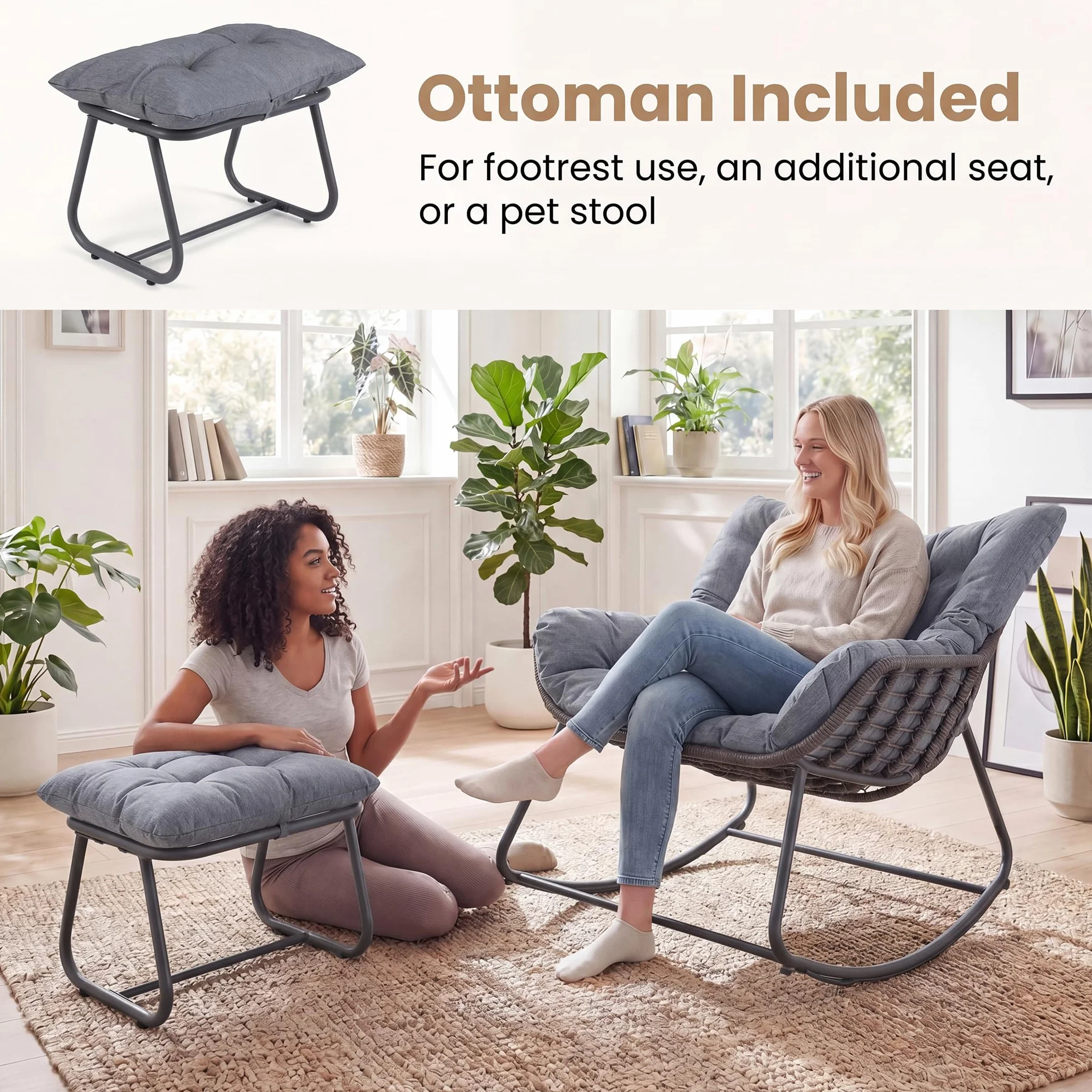 GIANTEX Fotel bujany z podnóżkiem, ergonomiczny fotel bujany, miękka i zdejmowana poduszka, krzesło w kształcie jajka z metalową ramą, do użytku na zewnątrz i wewnątrz, nośność 150 kg (kolor szary)