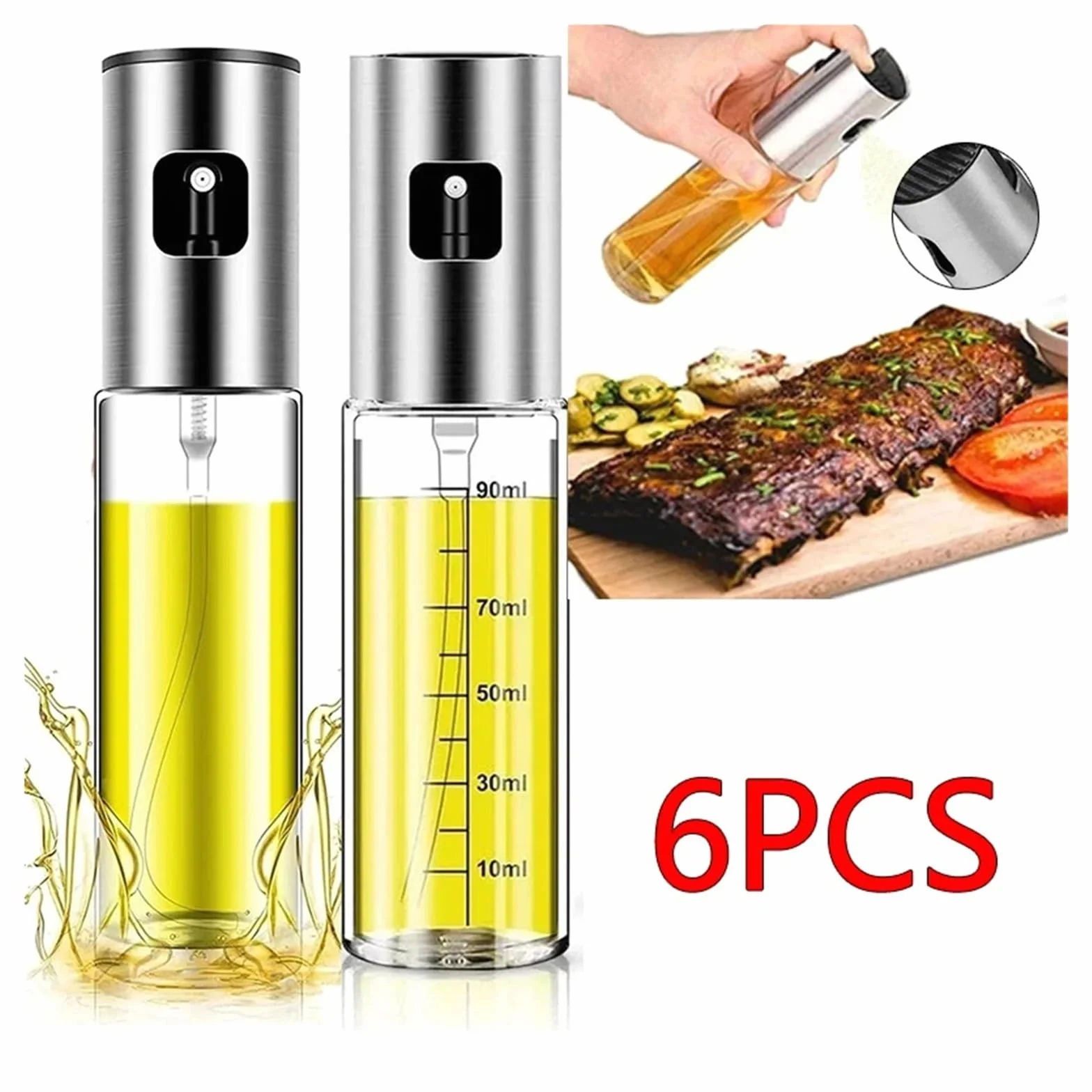 Dozownik oleju, Szklany Rozpylacz Oleju Do Gotowania Spray Mister Sałatek BBQ Pieczenie W Kuchni Pusta Butelka Octu do frytkownicy(Rose Gold-6PCS)