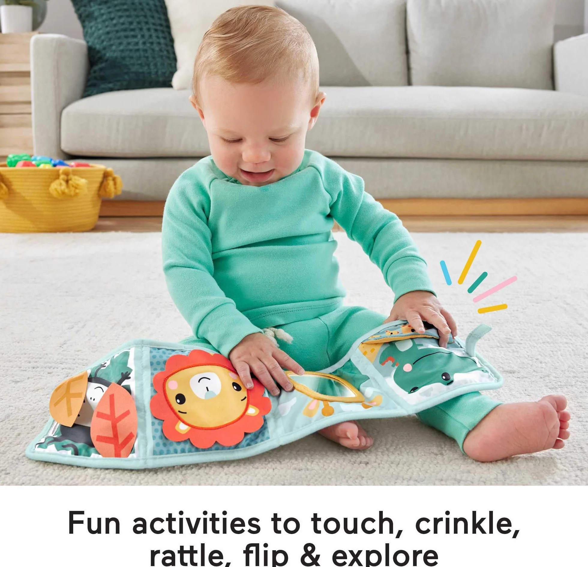 Fisher-Price Aktywizujący Panel sensoryczny Książeczka do zabawy na brzuszku i przenoszenia, dla dzieci od narodzin, HML63