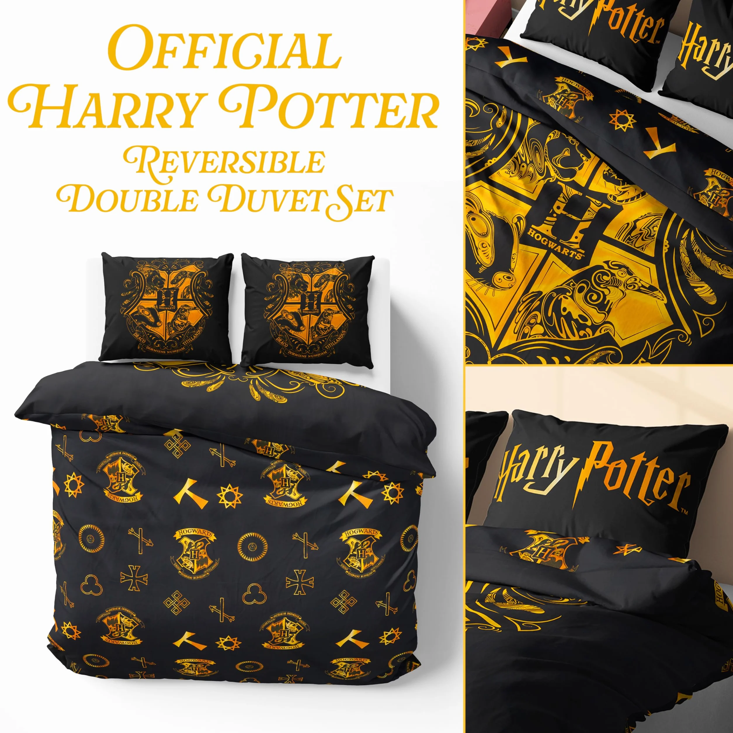 Harry Potter Pościel Zestaw Czarny Podwójny Poszewka na Kołdrę i Poduszkę