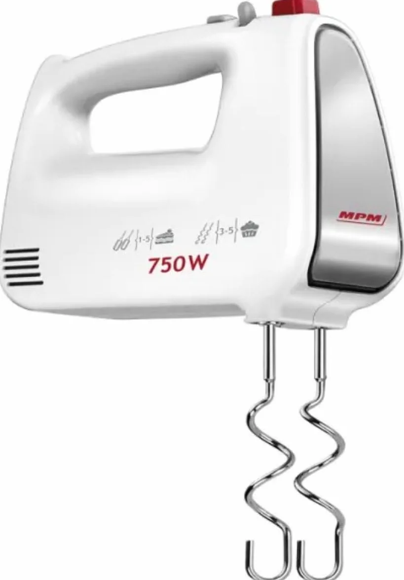 MPM MMR-19 mikser ręczny – mikser ręczny – 750 W, trzepaczka do ciasta hiszpanskiego i haczykiem do wyrabiania ciasta drożdżowego/chleba – 5 prędkości i turbo – elektryczny (biały)