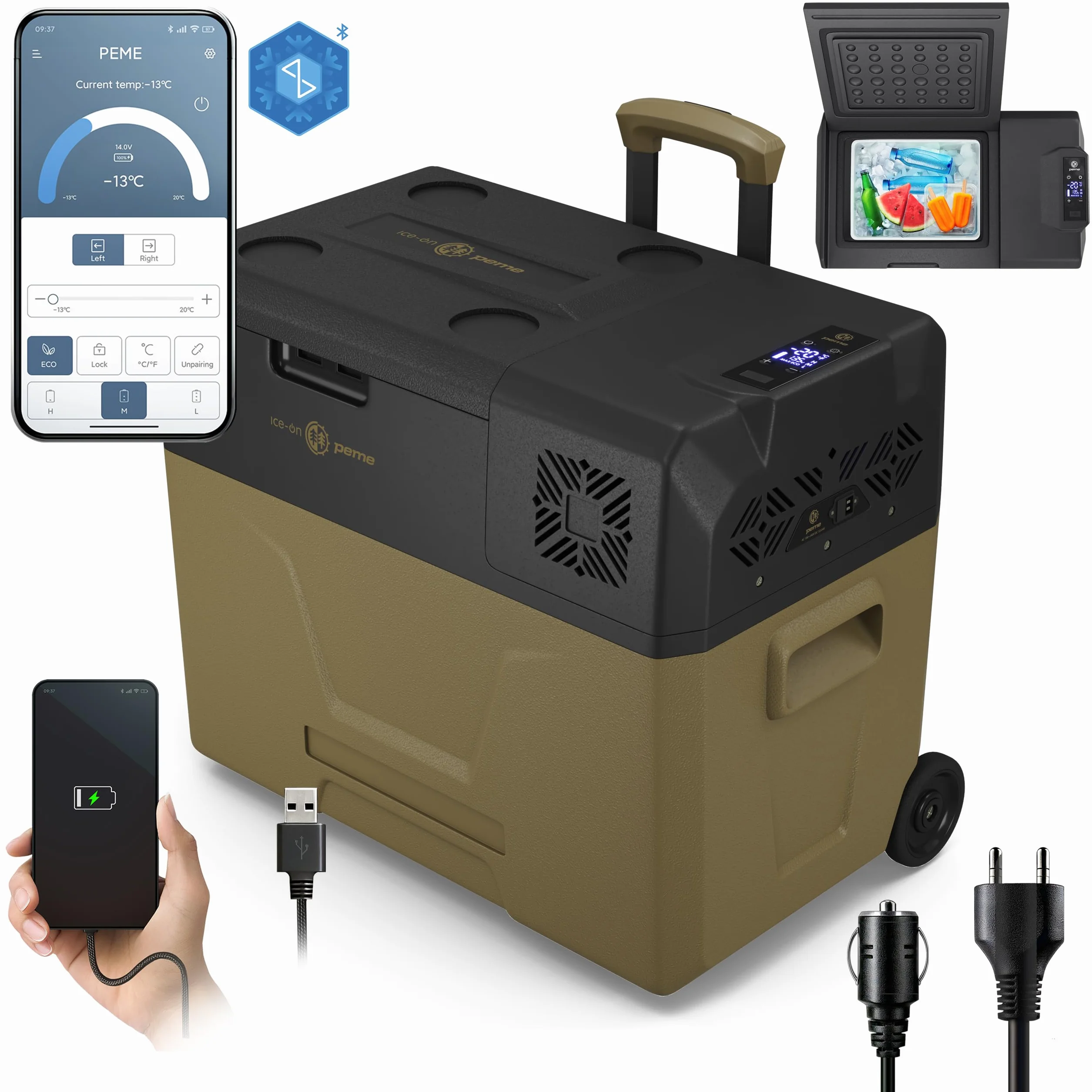 peme Expedition Elektryczna Lodówka Kompresorowa 27-39 L - Chłodziarka i Zamrażarka, Chłodzenie -20°C, Podwójne Zasilanie 12V/24V & 230V, Aplikacja Bluetooth, Tryb Eco, do Samochodu, Kempingu